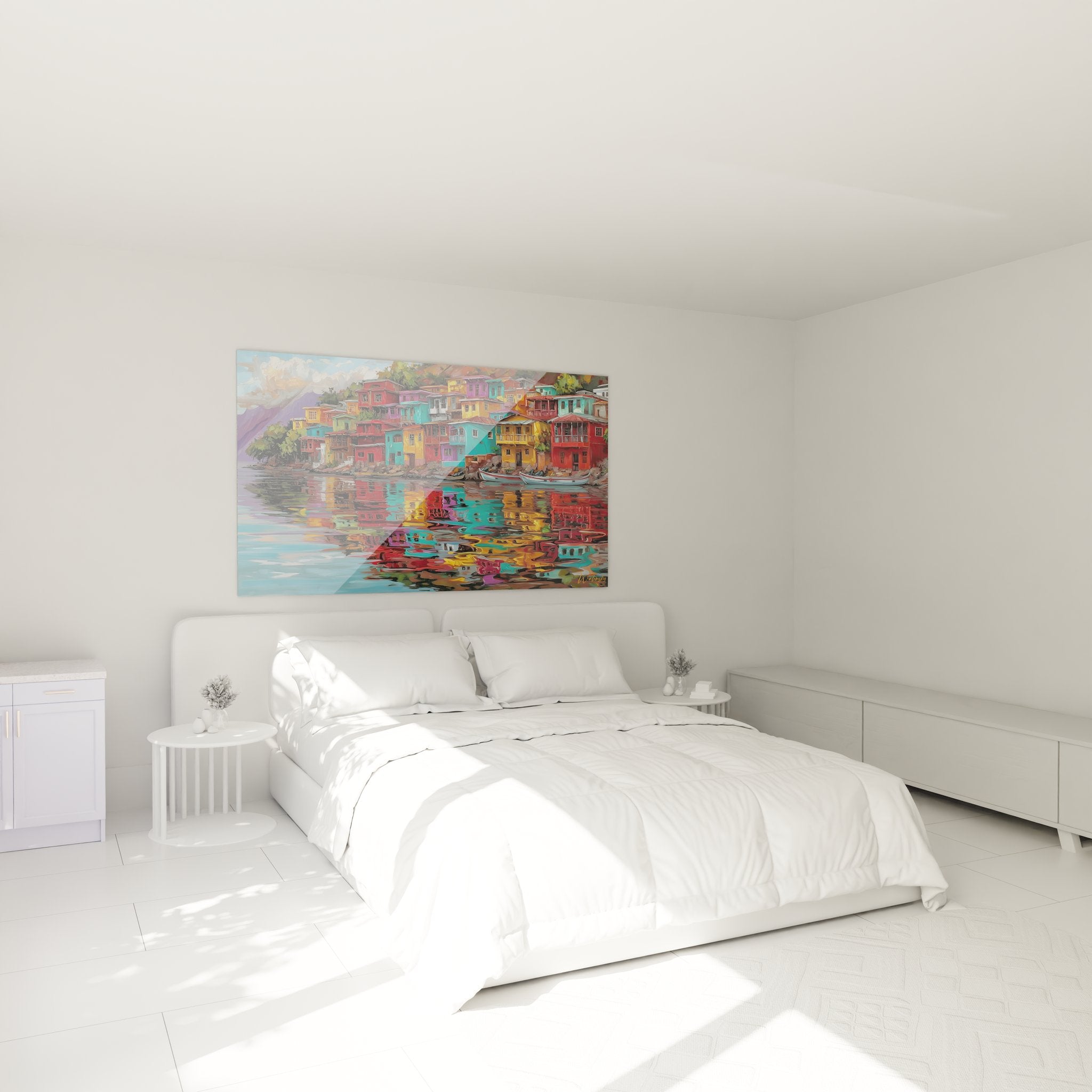 Décoration murale village lacustre coloré dans chambre moderne, ambiance chaleureuse