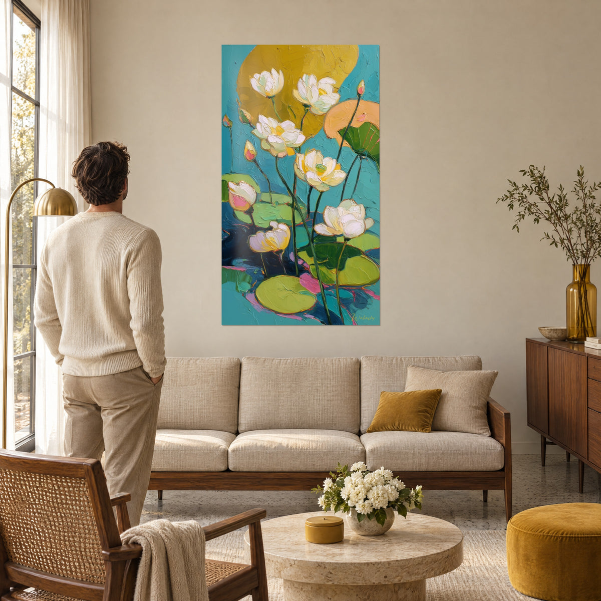Quadro fiori di loto bianchi dai petali cremosi su fondo turchese e disco dorato, uomo di spalle, sopra un divano in un soggiorno luminoso