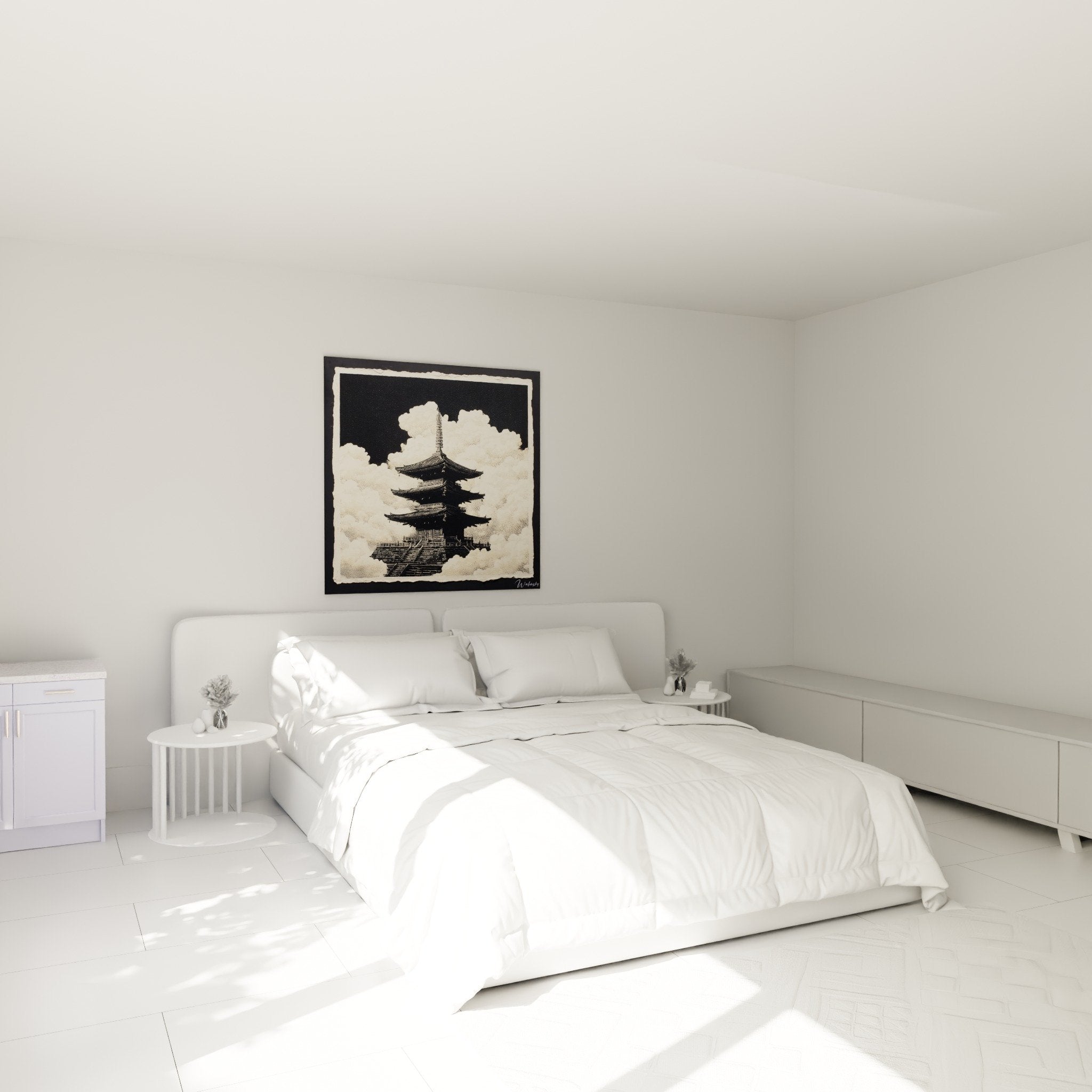 Decoration murale pagode noir blanc nuages creme dans chambre zen ambiance apaisante spirituelle minimaliste
