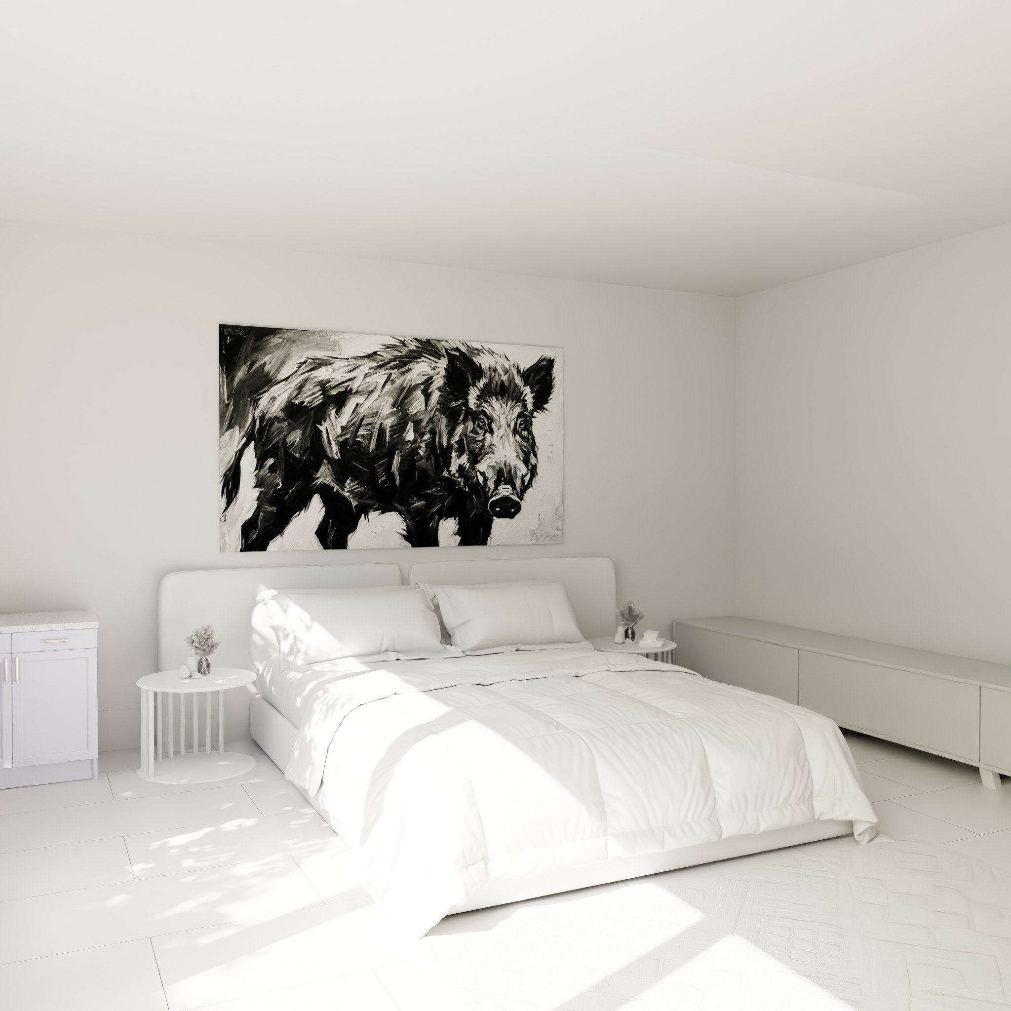 Decoration murale sanglier noir blanc chambre moderne art animalier expressionniste contemporain