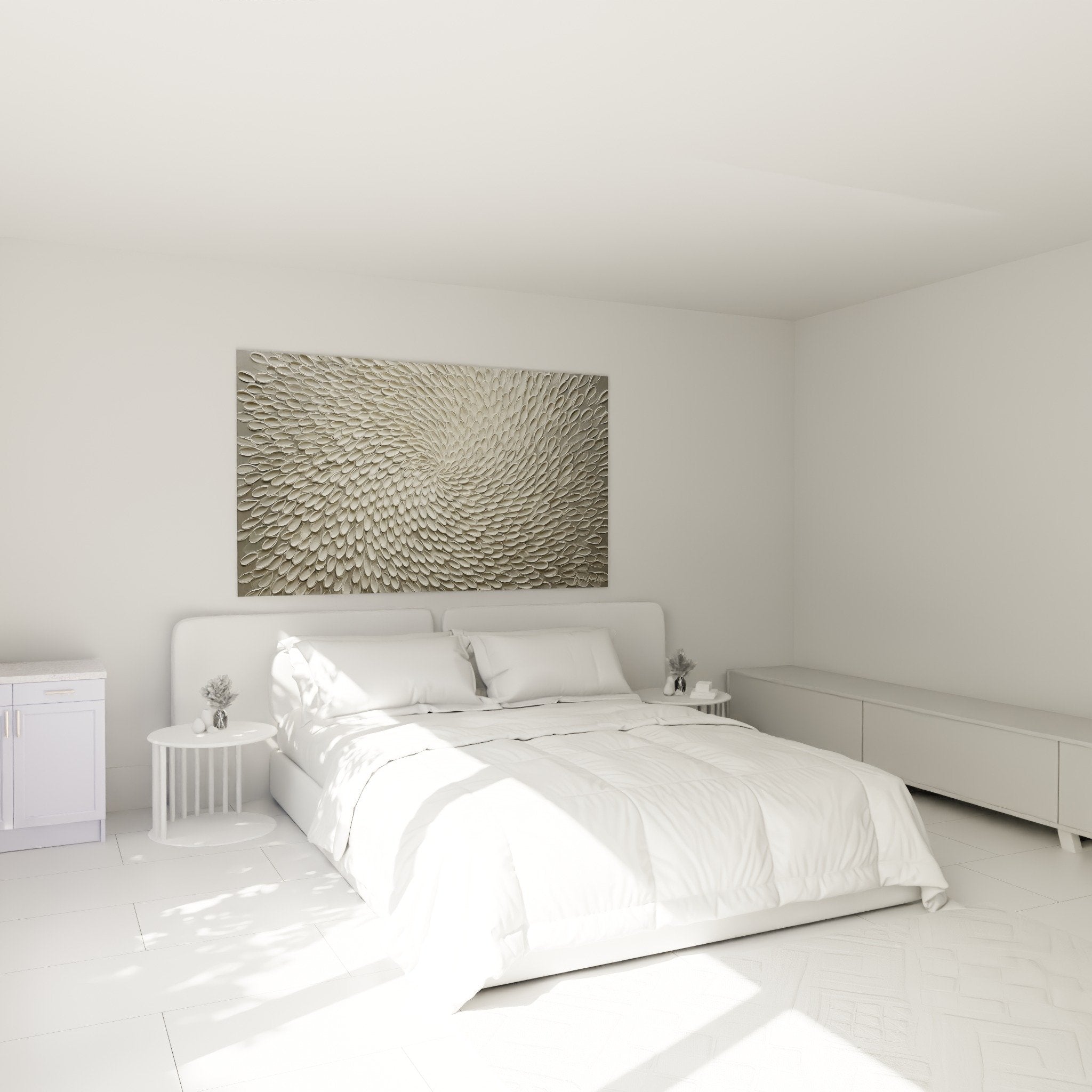 Golden metallic spiral wall decoration in modern feng shui bedroom