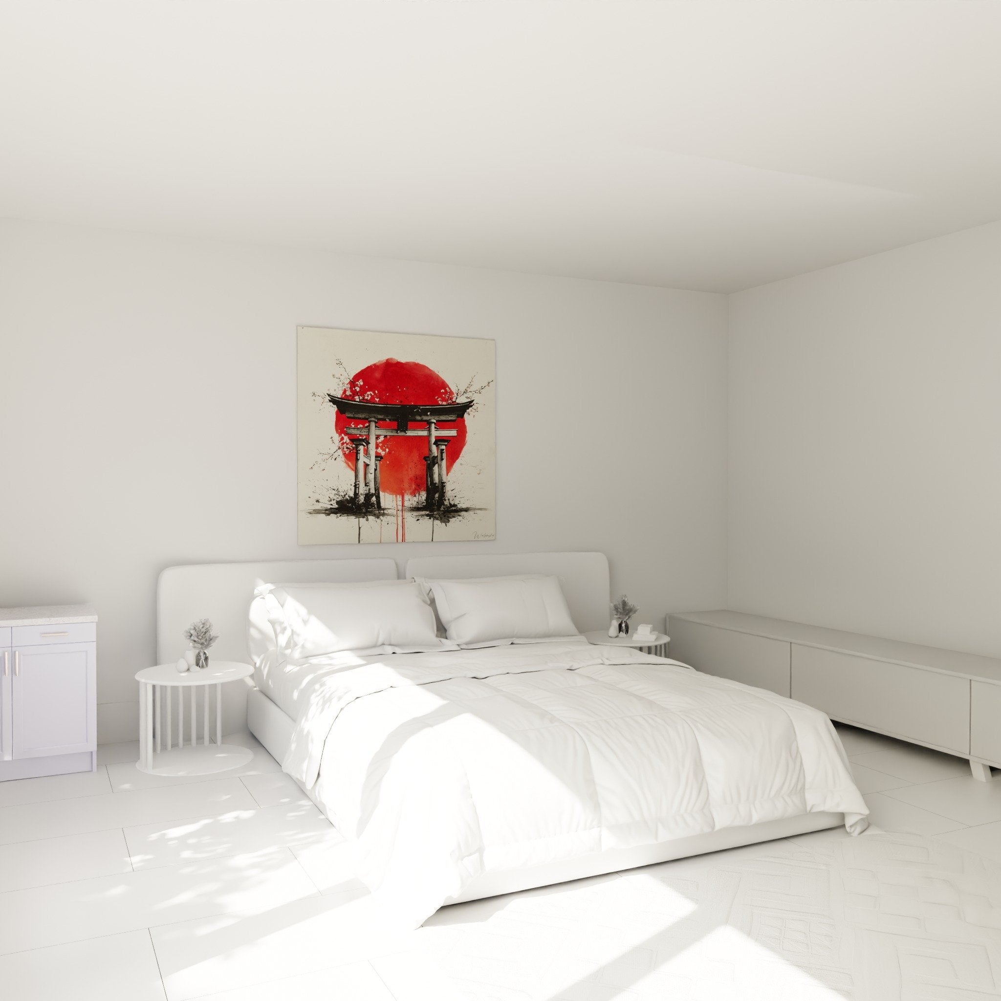 Red and black Japanese torii gate wall decoration in modern bedroom with contemporary zen ambiance