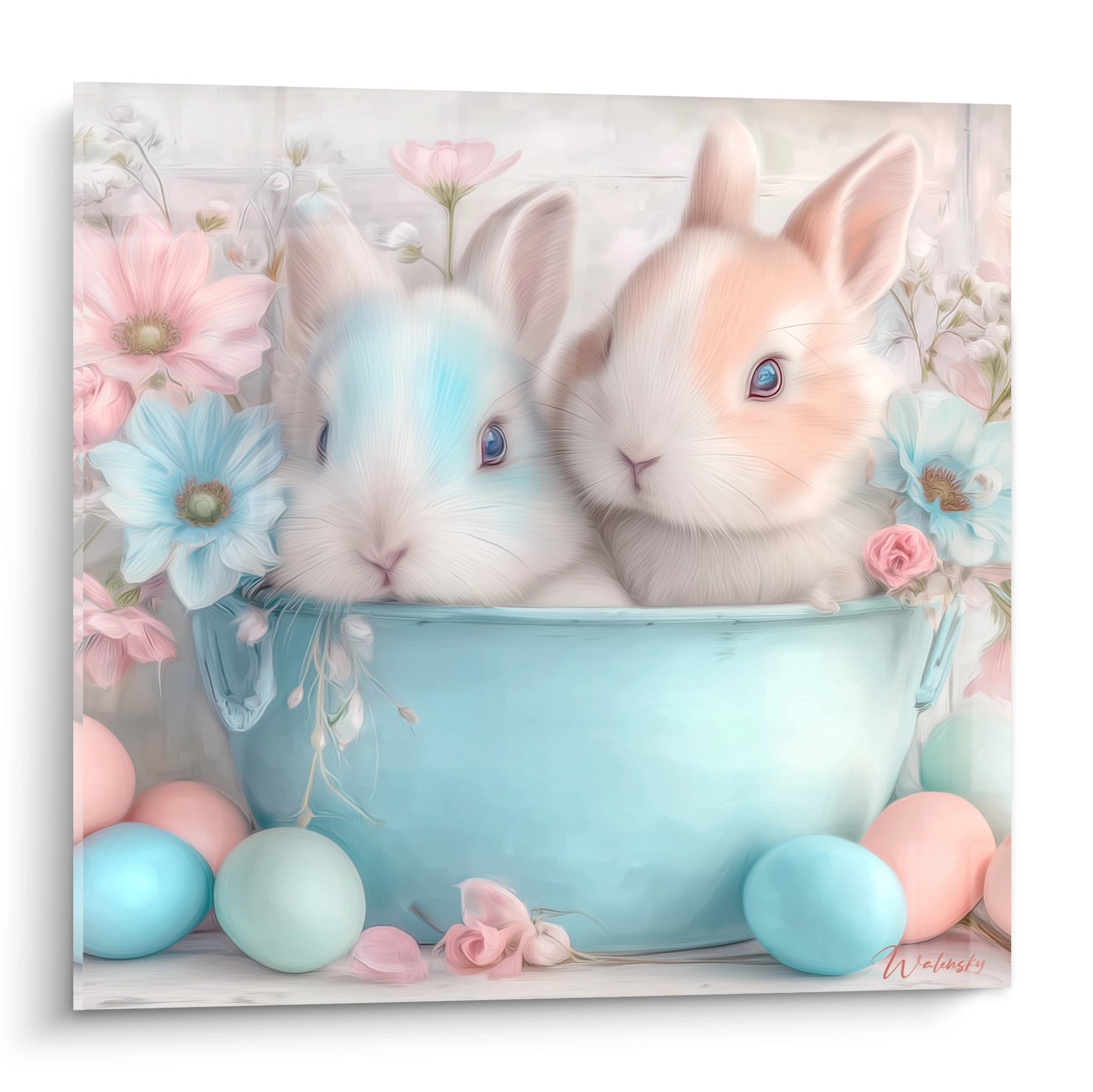 Walensky tableau lapins décoration Pâques deux lapins pastel dans une bassine bleue entourés de fleurs et oeufs