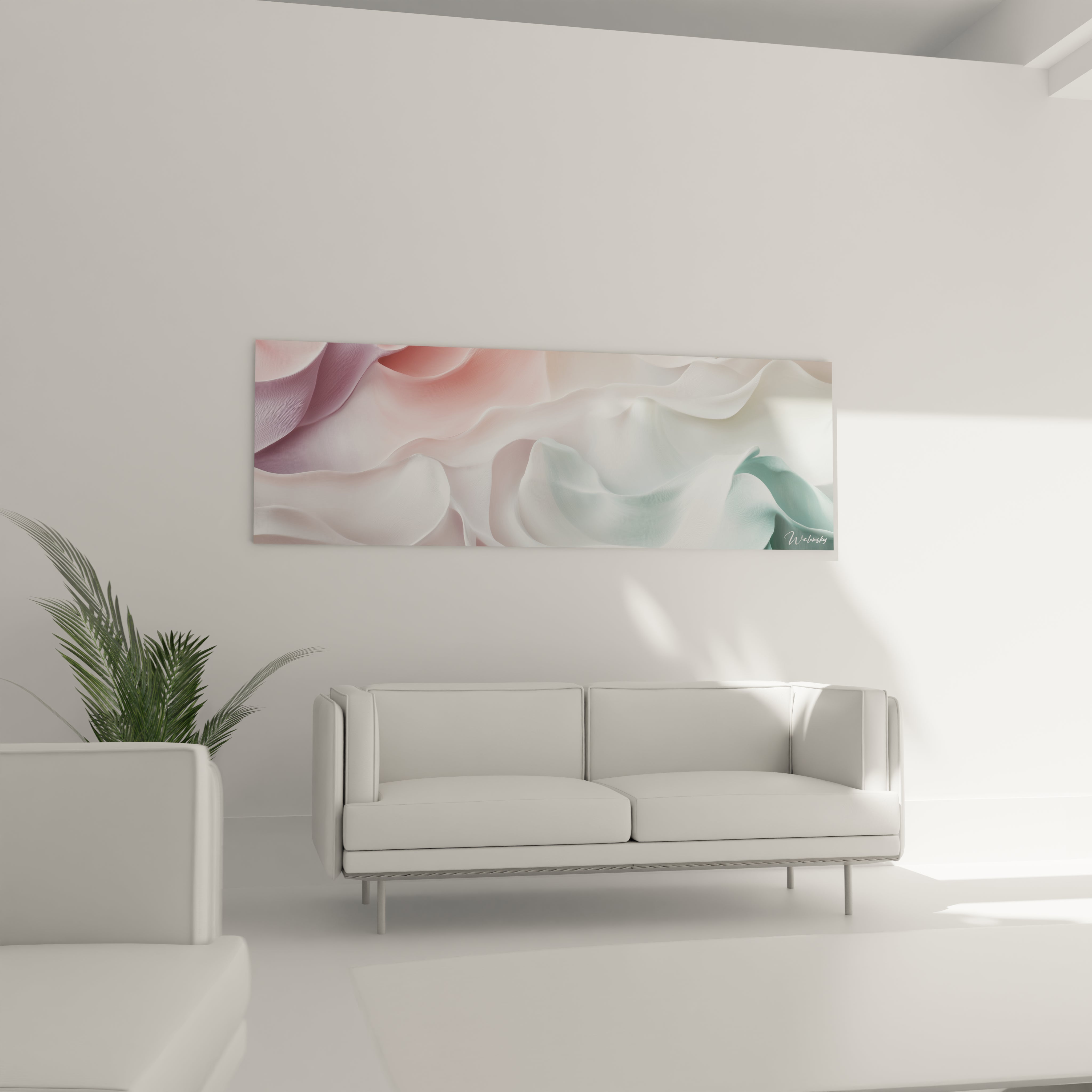Tableau moderne abstrait Walensky avec des formes fluides et des couleurs douces decorant un salon minimaliste