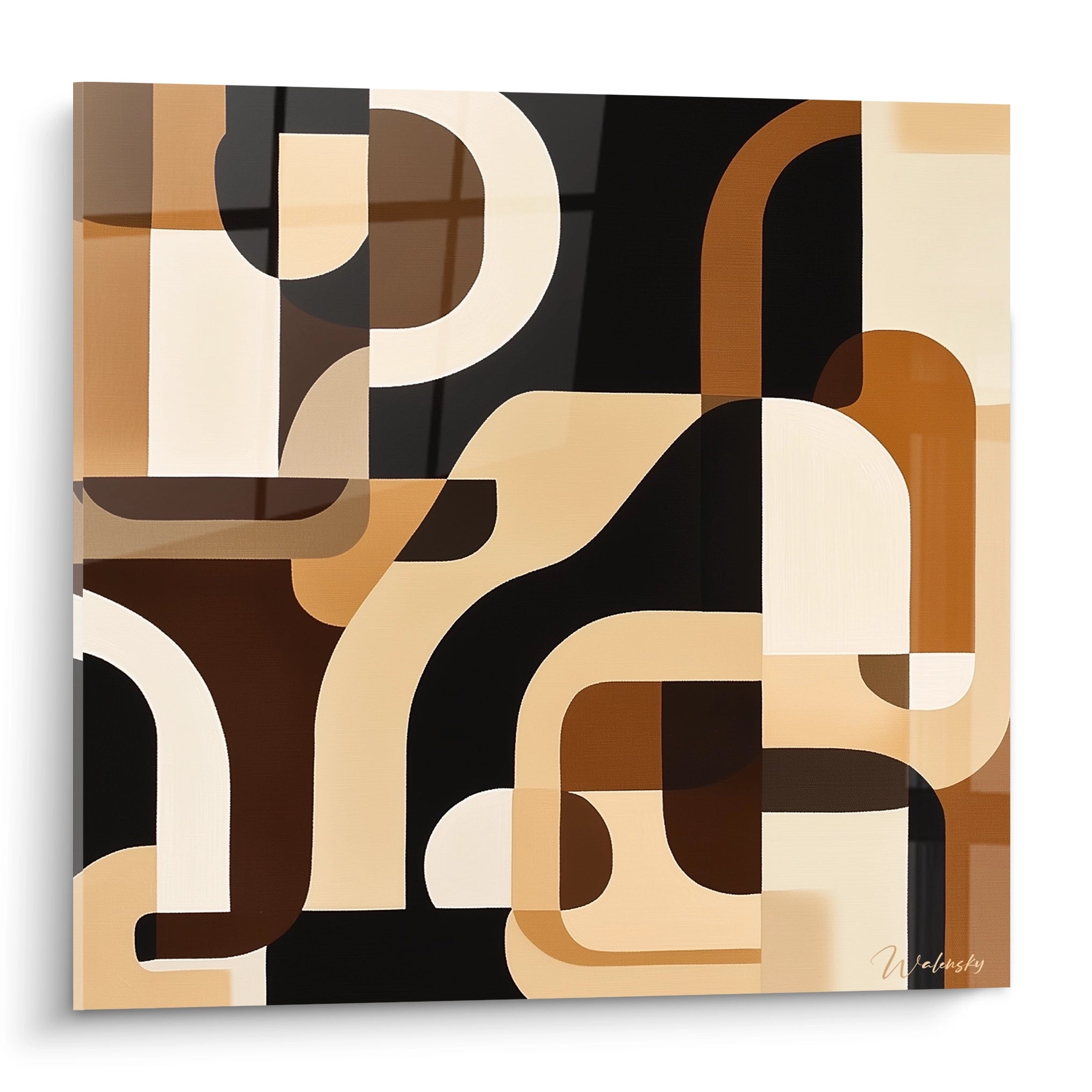Tableau africain mural abstrait aux formes géométriques en nuances de marron beige et noir de Walensky