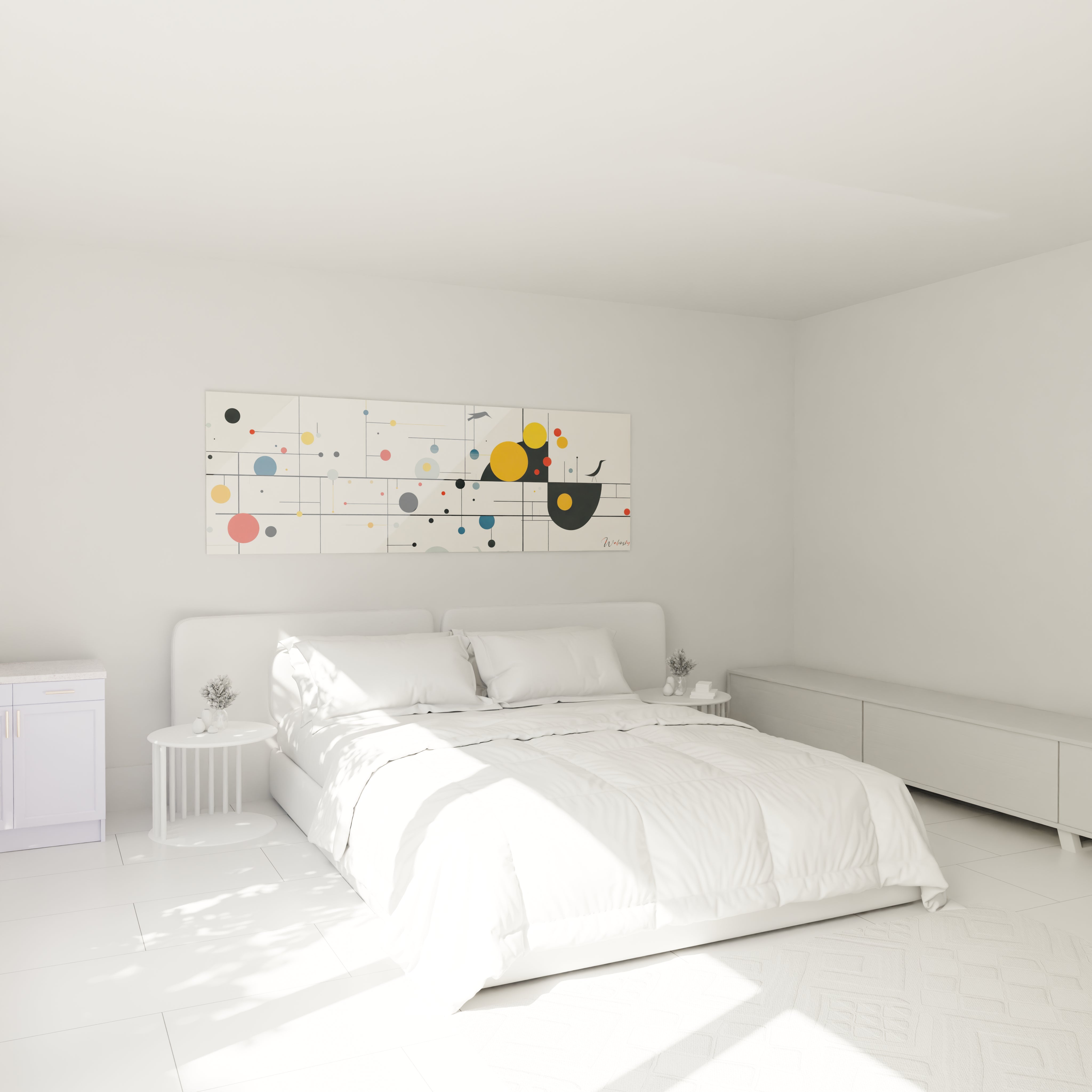 Tableau géométrique abstrait de Walensky avec des motifs colorés dans une chambre moderne