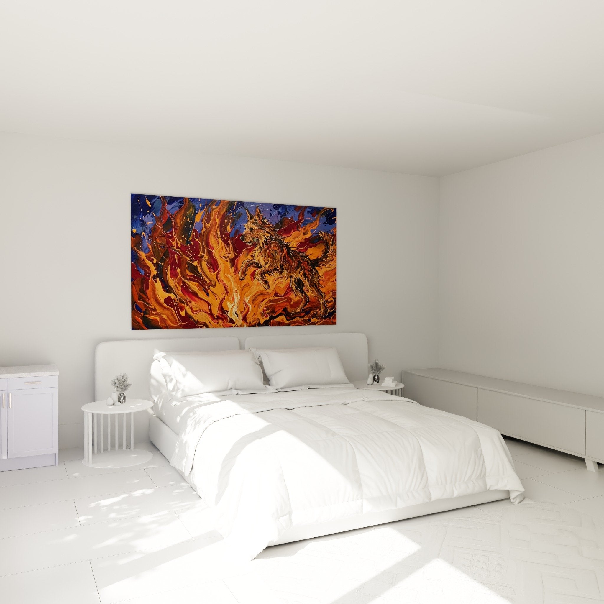 Decoration murale Berger Picard flammes colorees dans chambre moderne, tableau contemporain chien