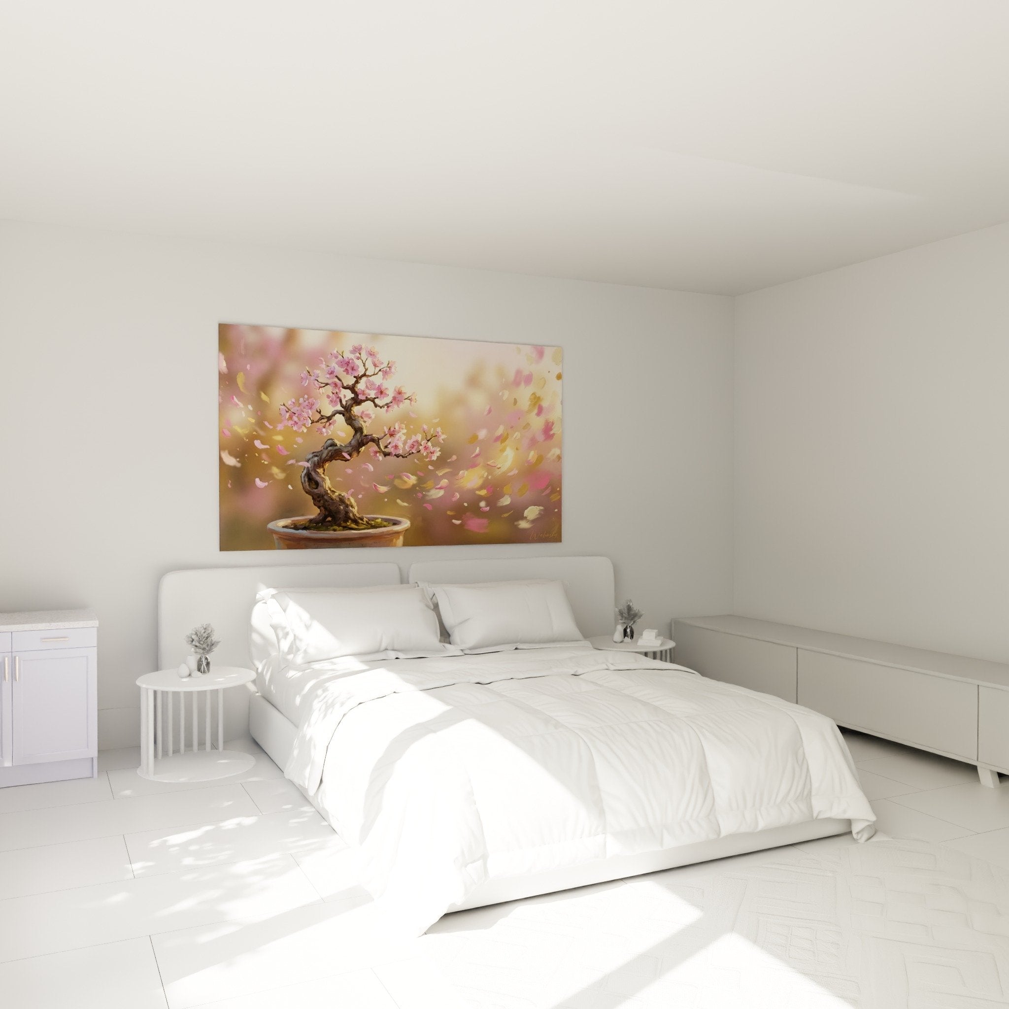 Décoration murale bonsaï fleuri chambre ambiance apaisante roses dorés zen