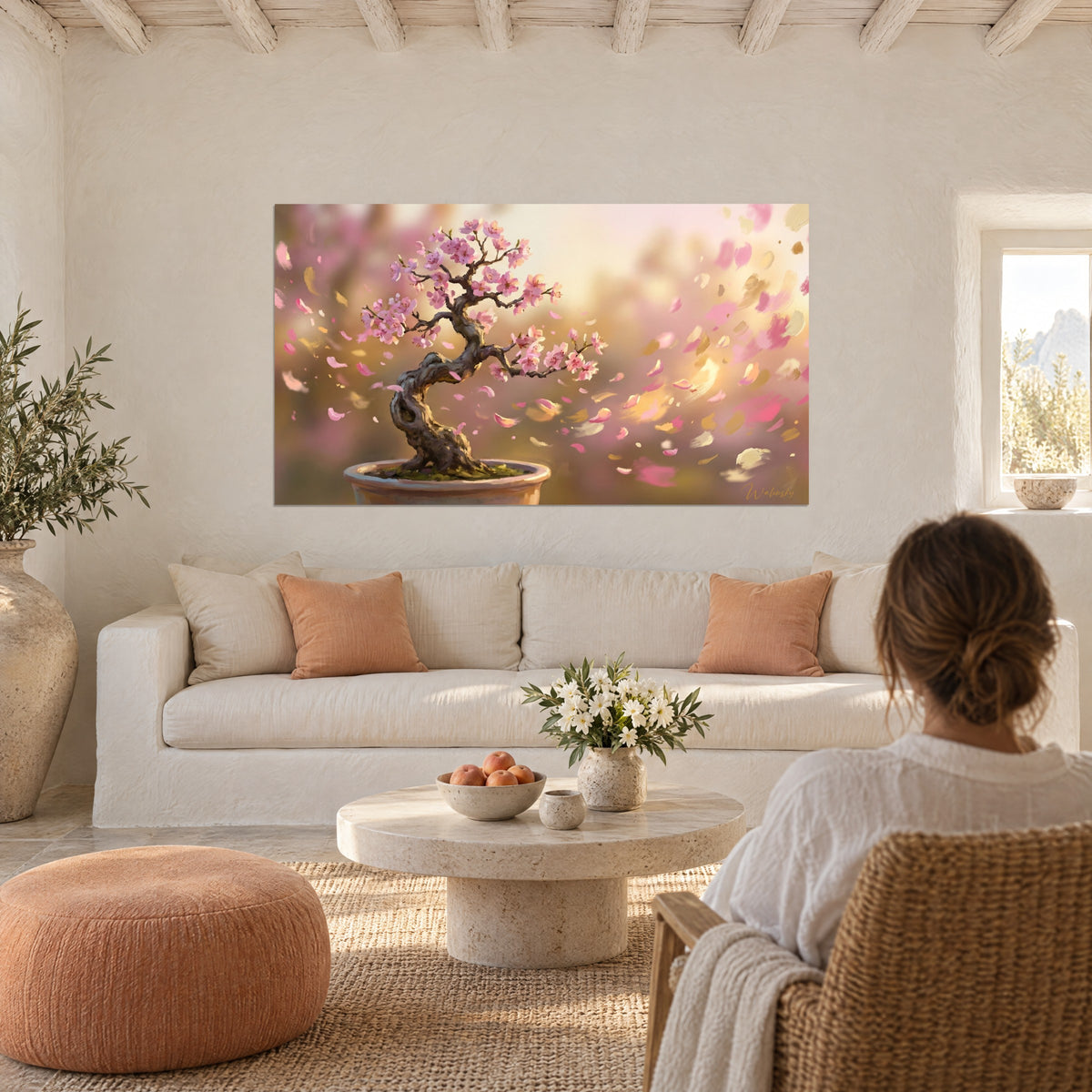 Quadro bonsai con fiori rosa e petali dorati che turbinano, sopra un divano in un soggiorno luminoso