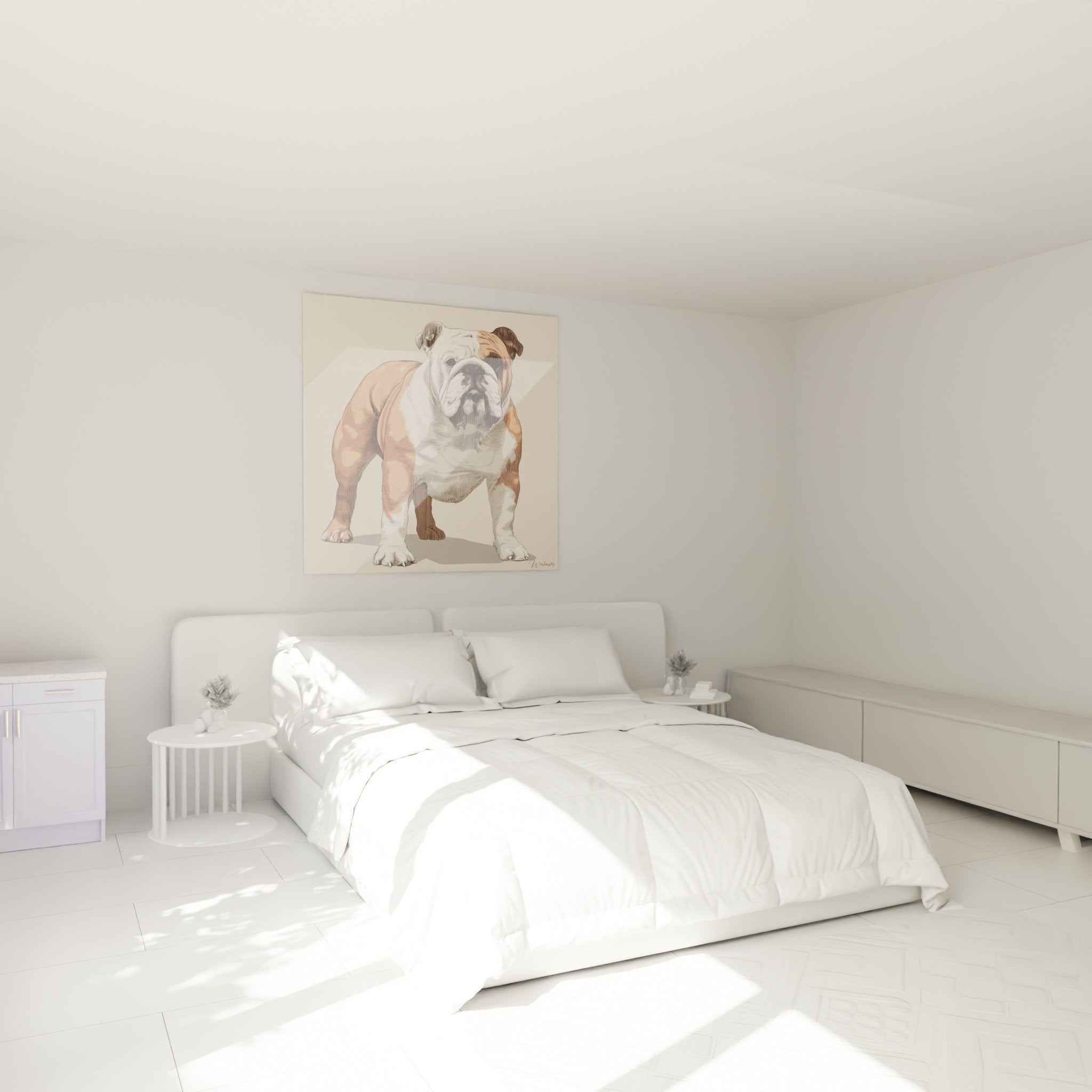 Englische Bulldogge Wandbild Schlafzimmer Wanddekoration warme Atmosphäre natürliche Beige-Töne