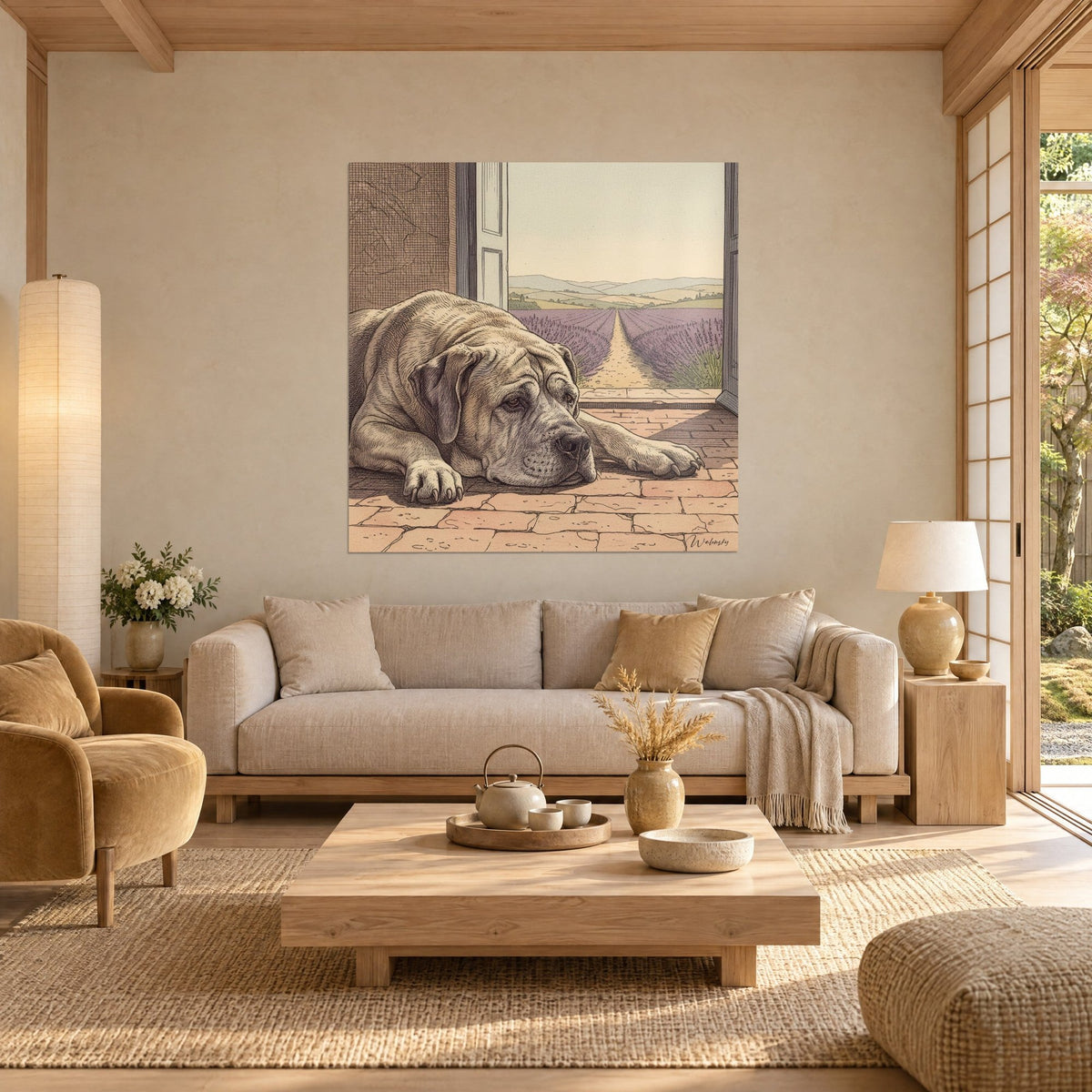 Gemälde eines Mastiffs mit sandfarbenem Fell, der auf terrakottafarbenen Fliesen liegt, violetter Lavendel im Hintergrund, über einem Sofa in einem hellen Wohnzimmer