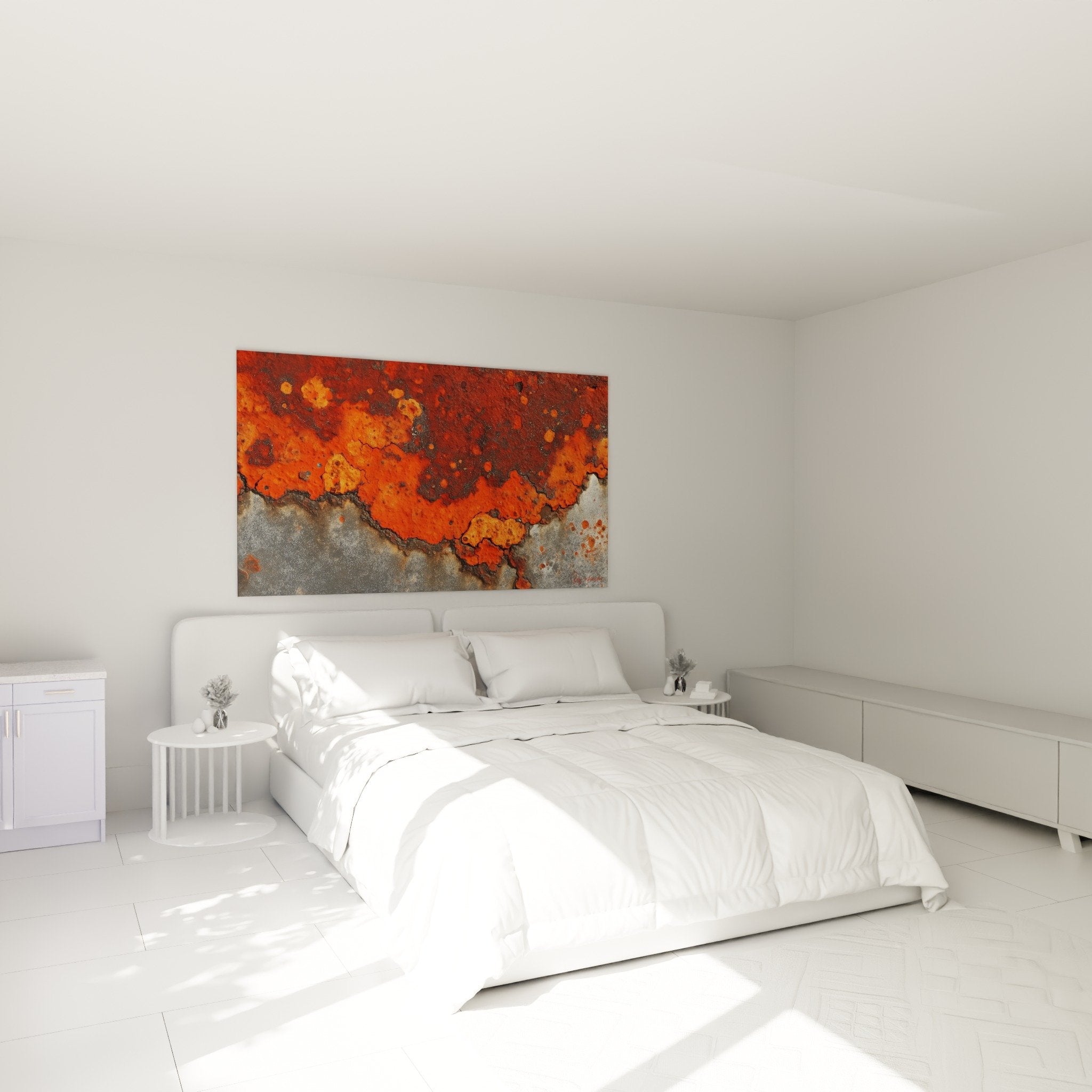 Décoration chambre tableau abstraction rouille orange métal patiné feng shui ambiance chaleureuse