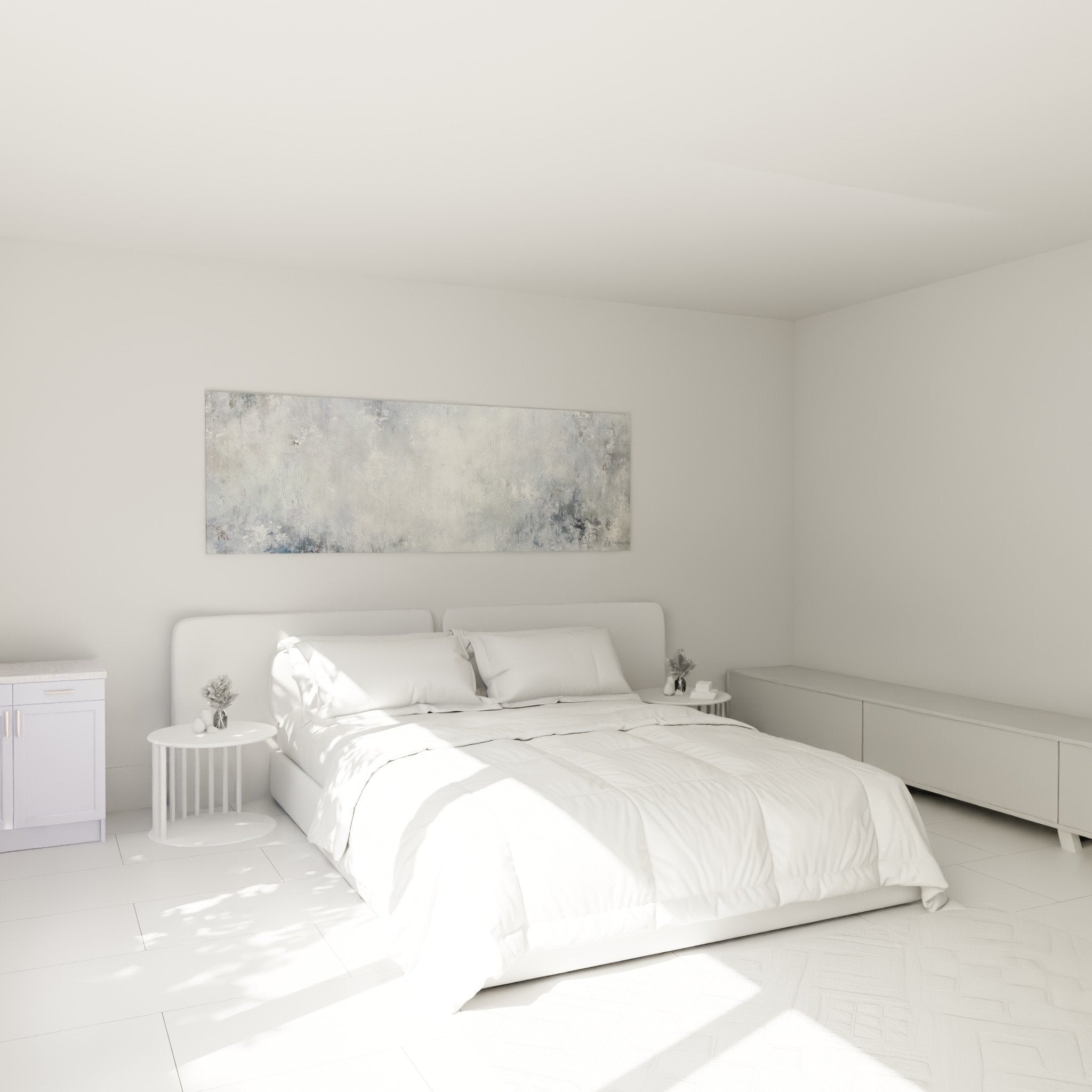 Decoration murale abstraite gris-bleu dans chambre moderne harmonisant espace selon feng shui nord-ouest