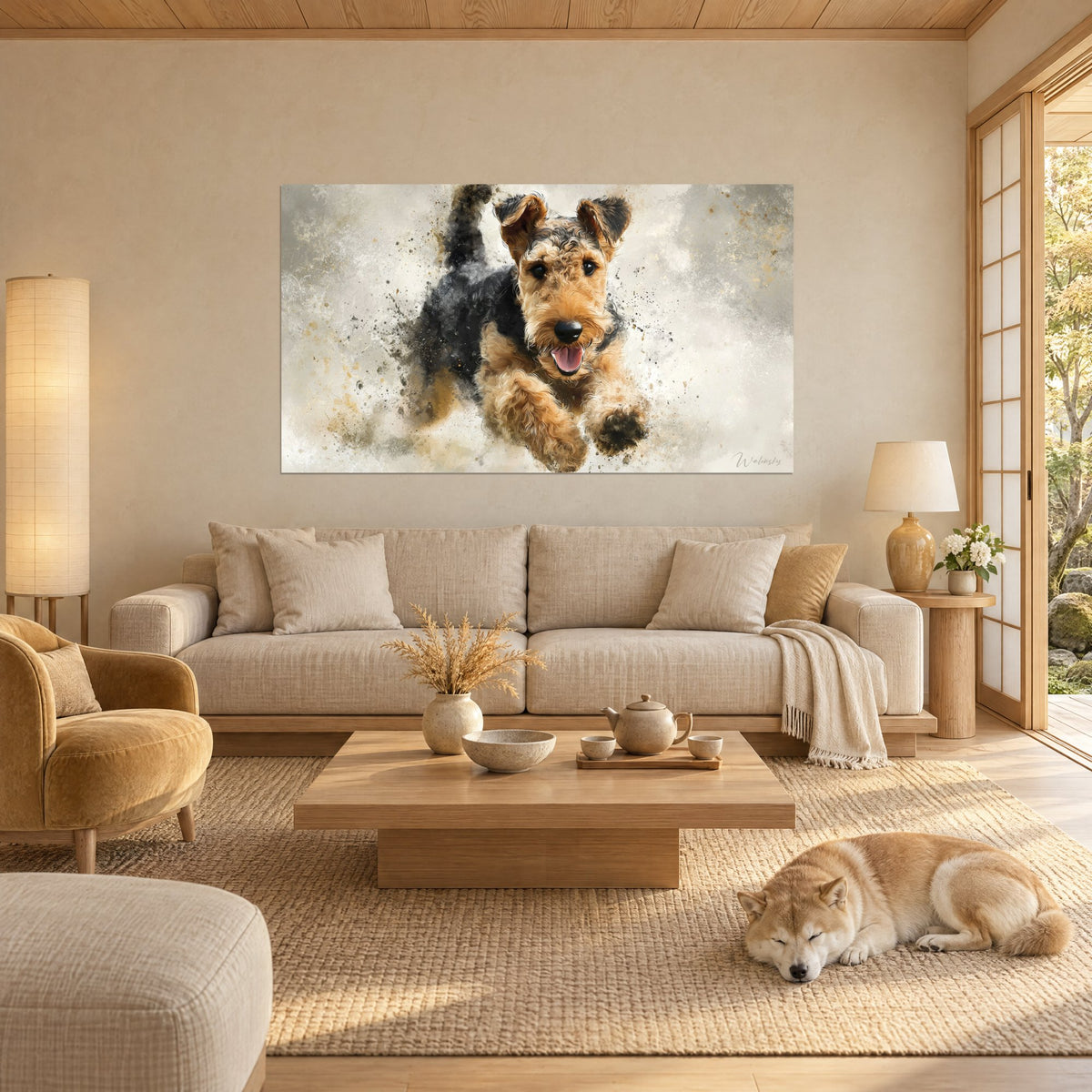 Wall art bounding Airedale, red and black coat, ochre watercolor splashes on cream background, above a sofa in a bright living room