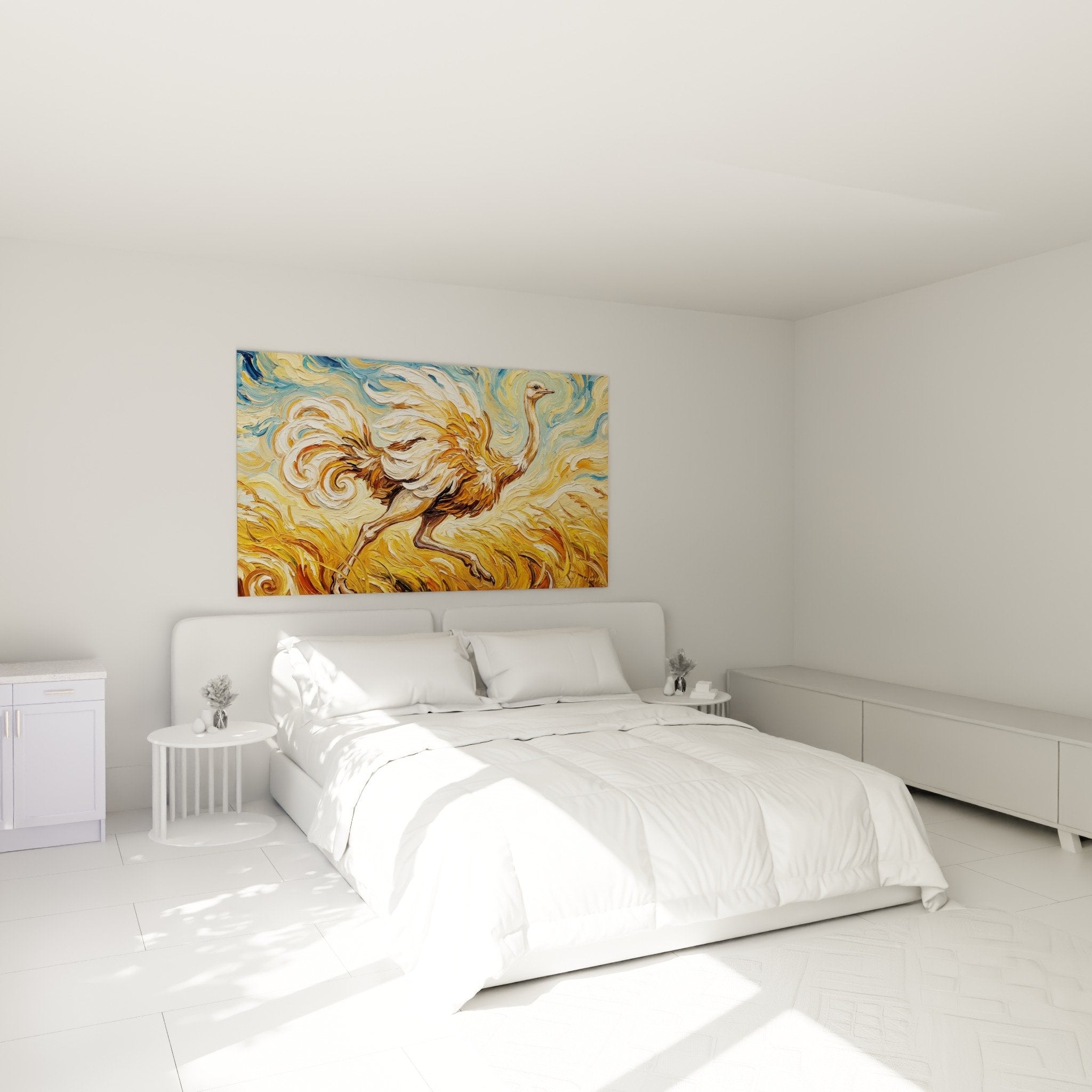 Autruche artistique tourbillons dores bleus decoration chambre style contemporain expressionniste elegant