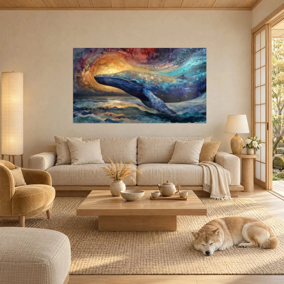 Gemälde Walkosmischer Wal mit sternenübersäten Flanken in Nachtblau und Ocker, goldener spiralförmiger Lichthof, Shiba liegt auf dem Teppich, über einem Sofa in einem hellen Wohnzimmer
