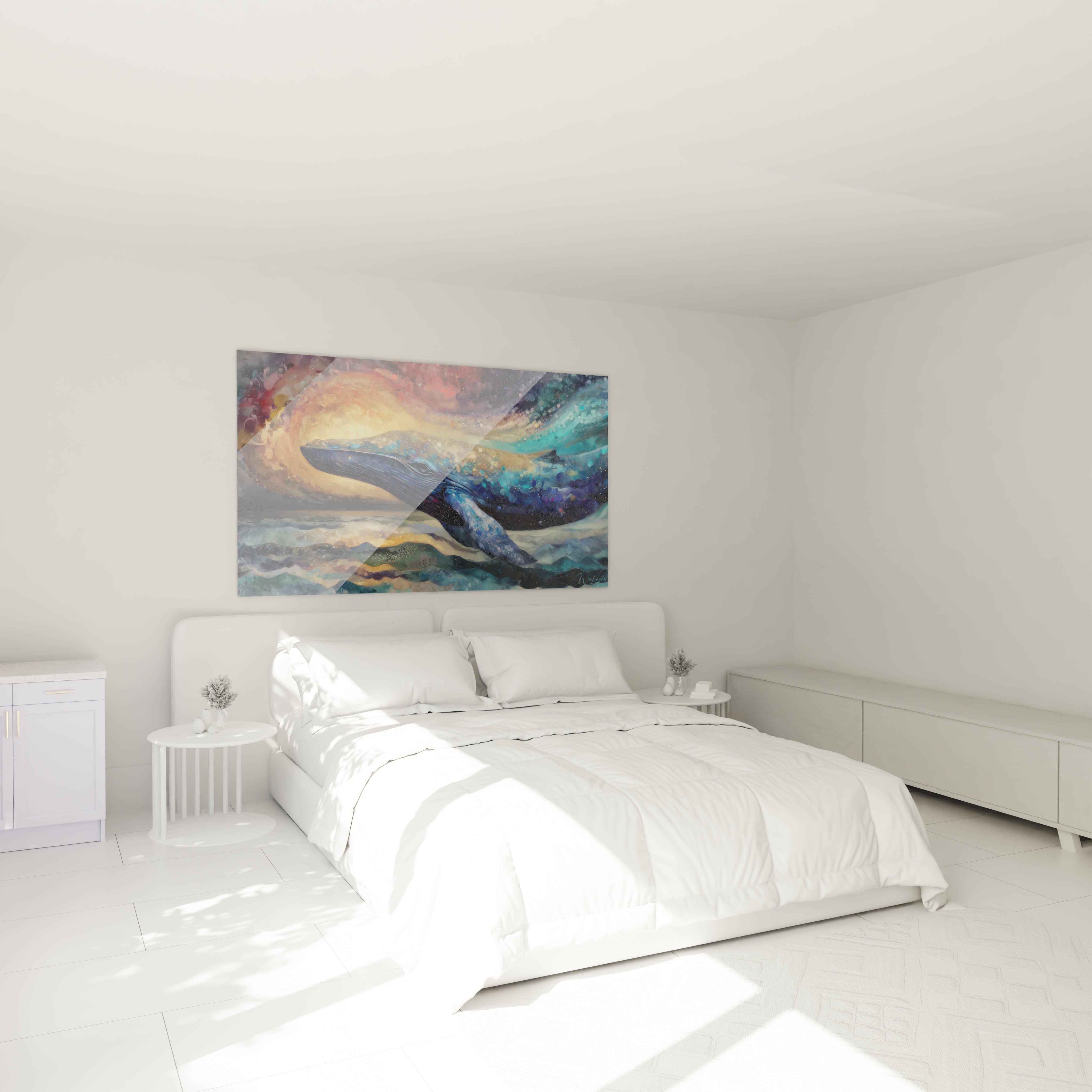 Décoration chambre avec tableau baleine cosmique créant une ambiance marine apaisante