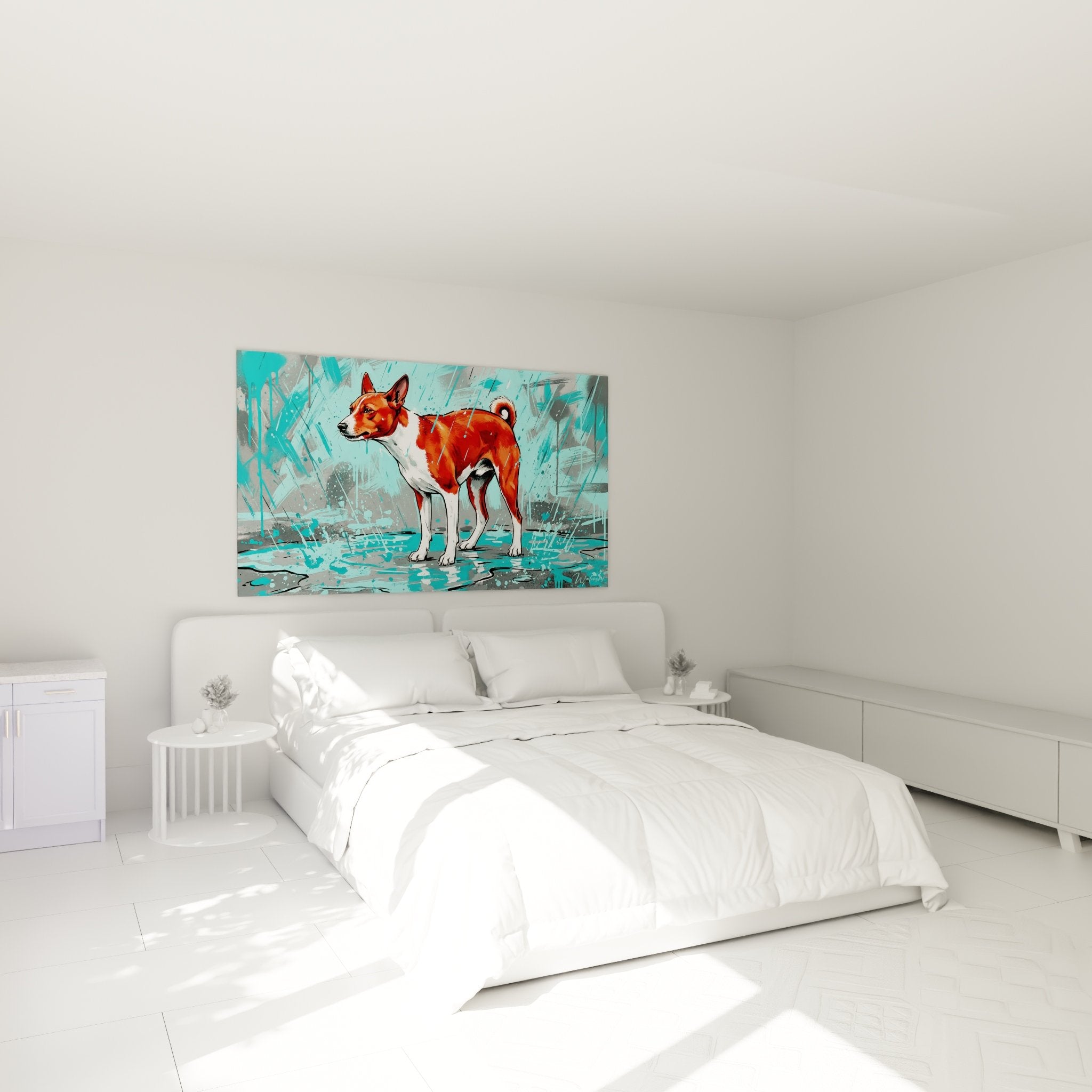 Décoration murale chambre avec tableau Basenji sous pluie turquoise dans ambiance contemporaine apaisante