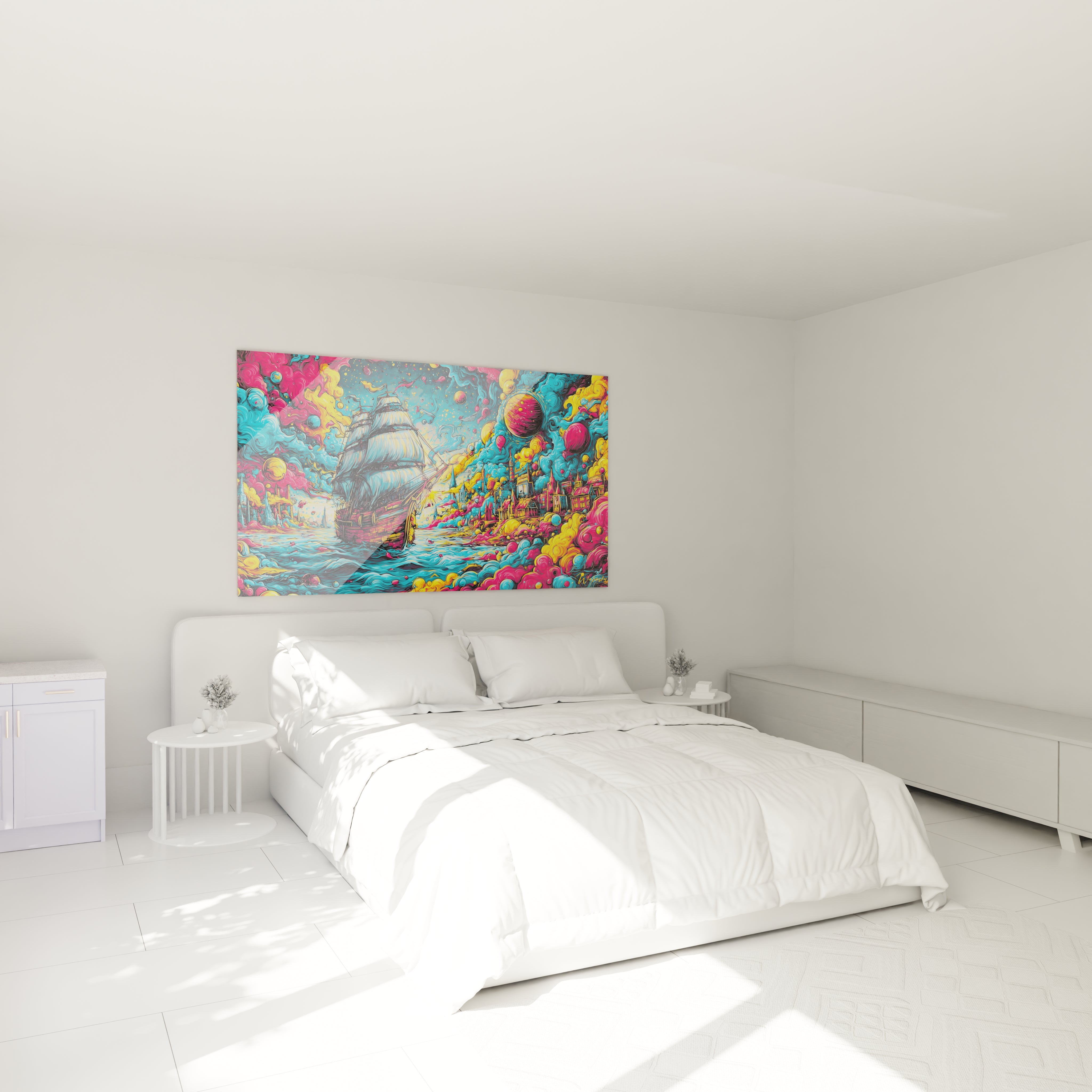 Décoration chambre tableau bateau pirate coloré ambiance psychédélique art mural maritime fantastique