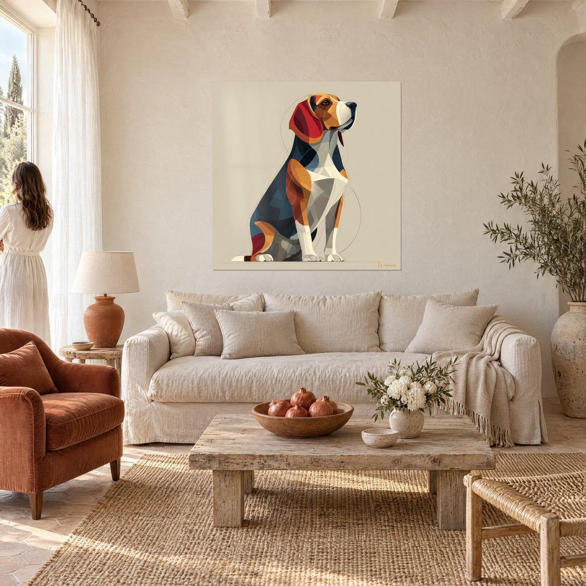 Wall art seated beagle in deep carmine red and midnight blue flat tones, muzzle raised, above a sofa in a bright living room