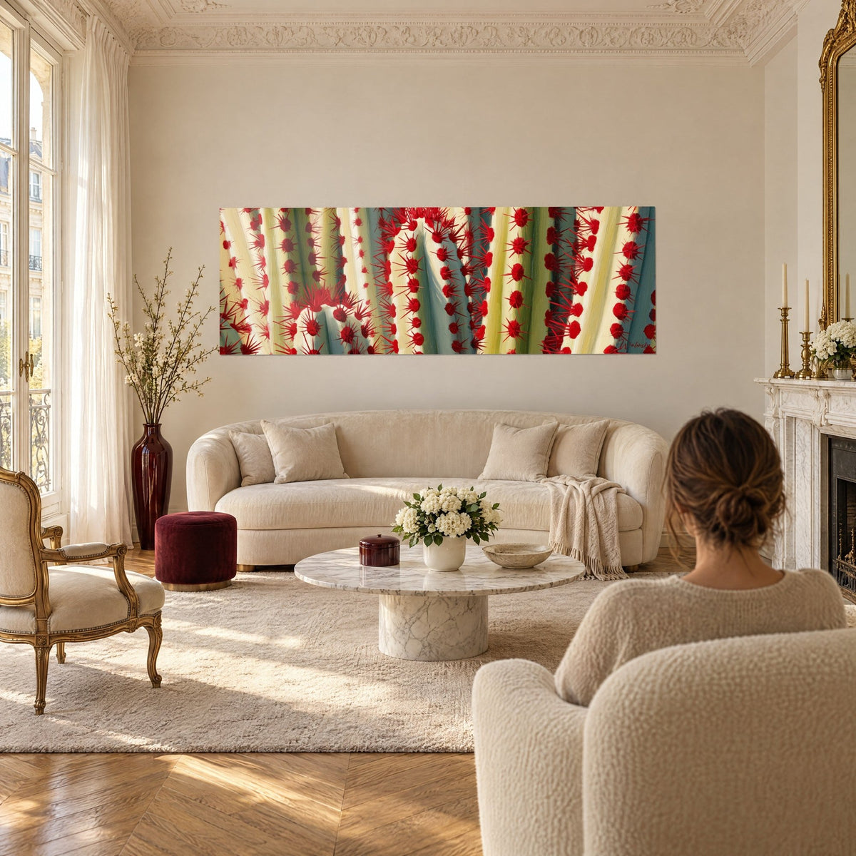 Gemälde mit geriffeltem Kaktus und roten Stacheln auf cremefarbenem und graugrünem Hintergrund, zwei Personen von hinten, über einem Sofa in einem hellen Wohnzimmer