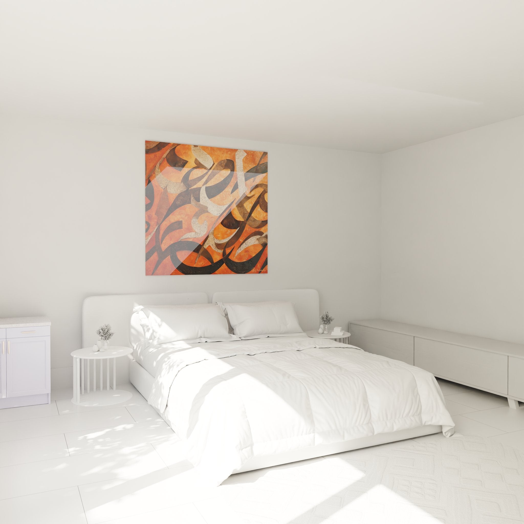 Décoration chambre avec tableau calligraphie arabe orange, ambiance africaine moderne et chaleureuse