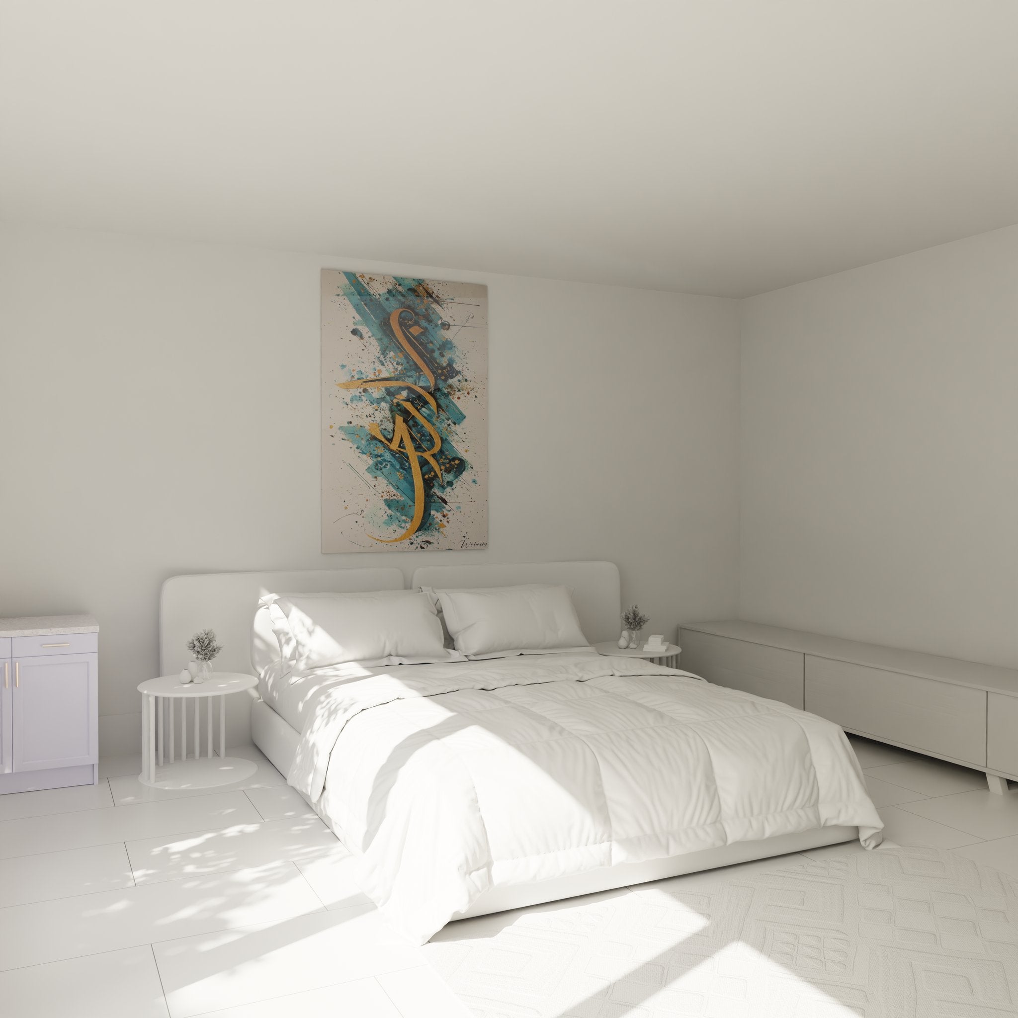 Décoration chambre tableau calligraphie dorée abstraite ambiance moderne élégante art mural contemporain