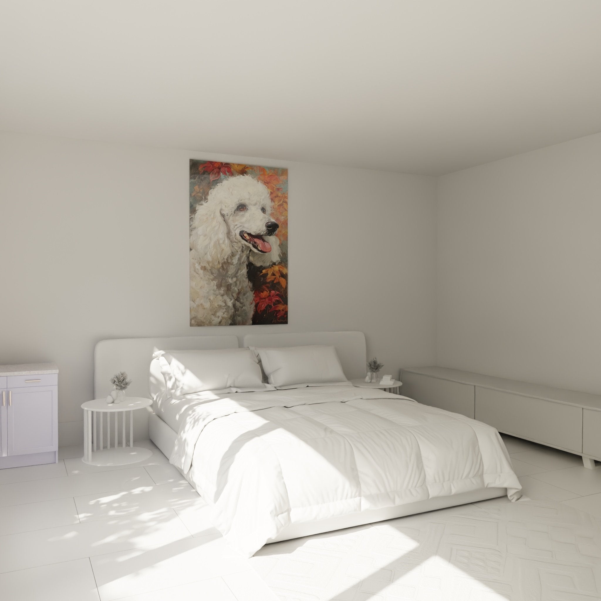 Decoration chambre tableau caniche blanc automnal ambiance chaleureuse cocooning mur beige mobilier bois naturel
