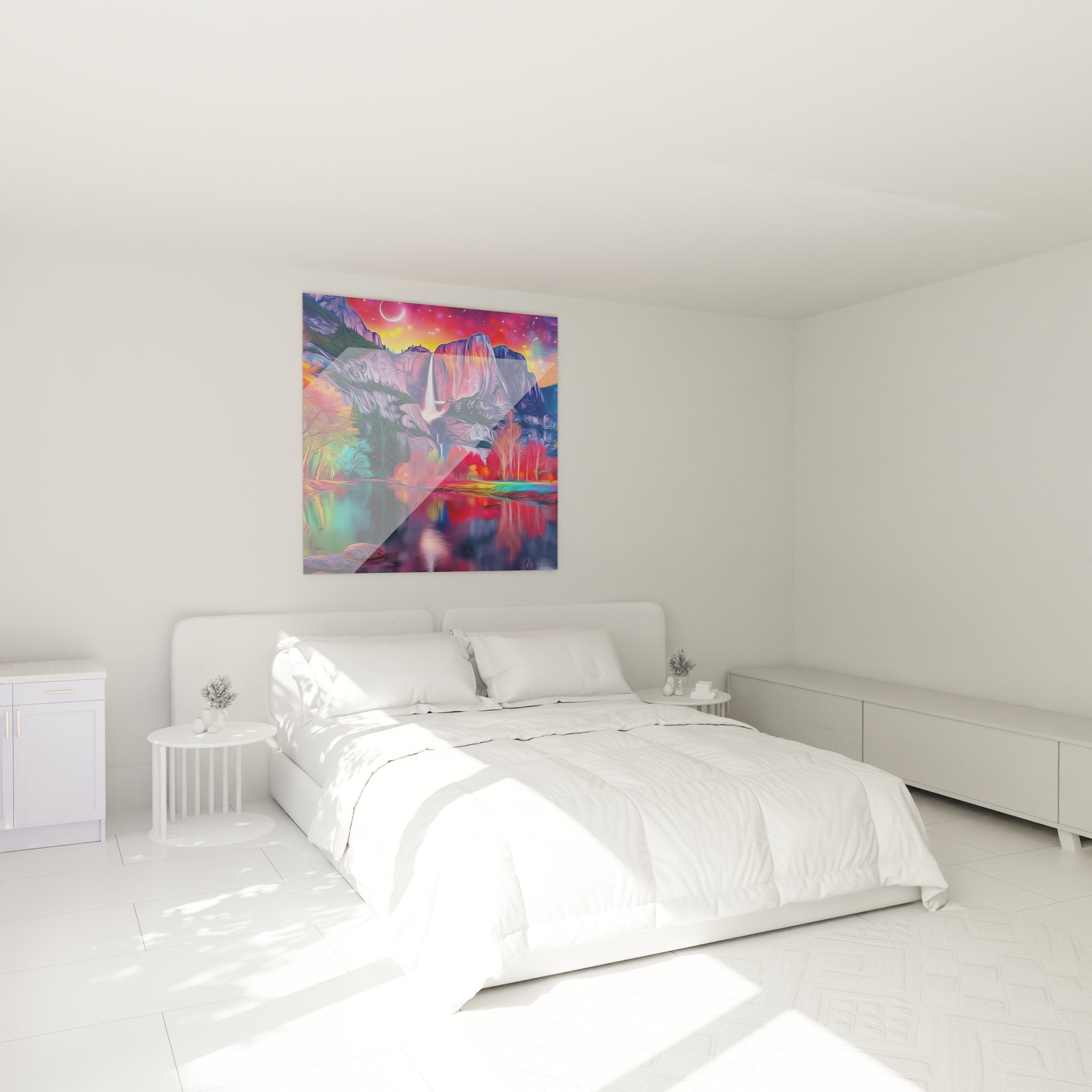 Décoration chambre avec tableau cascade colorée créant ambiance relaxante et mystique