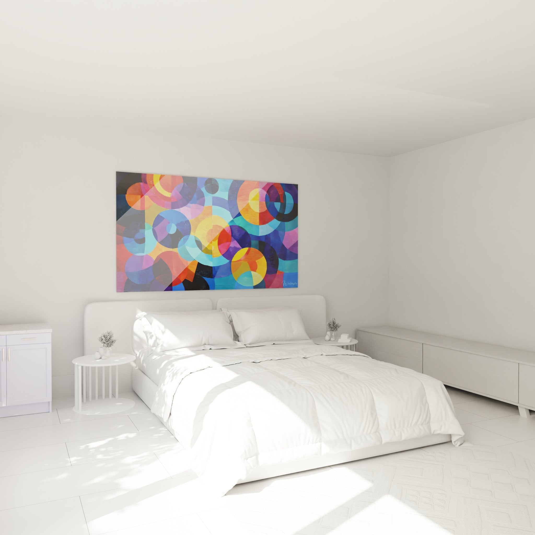 Décoration chambre tableau cercles géométriques colorés art abstrait moderne ambiance design