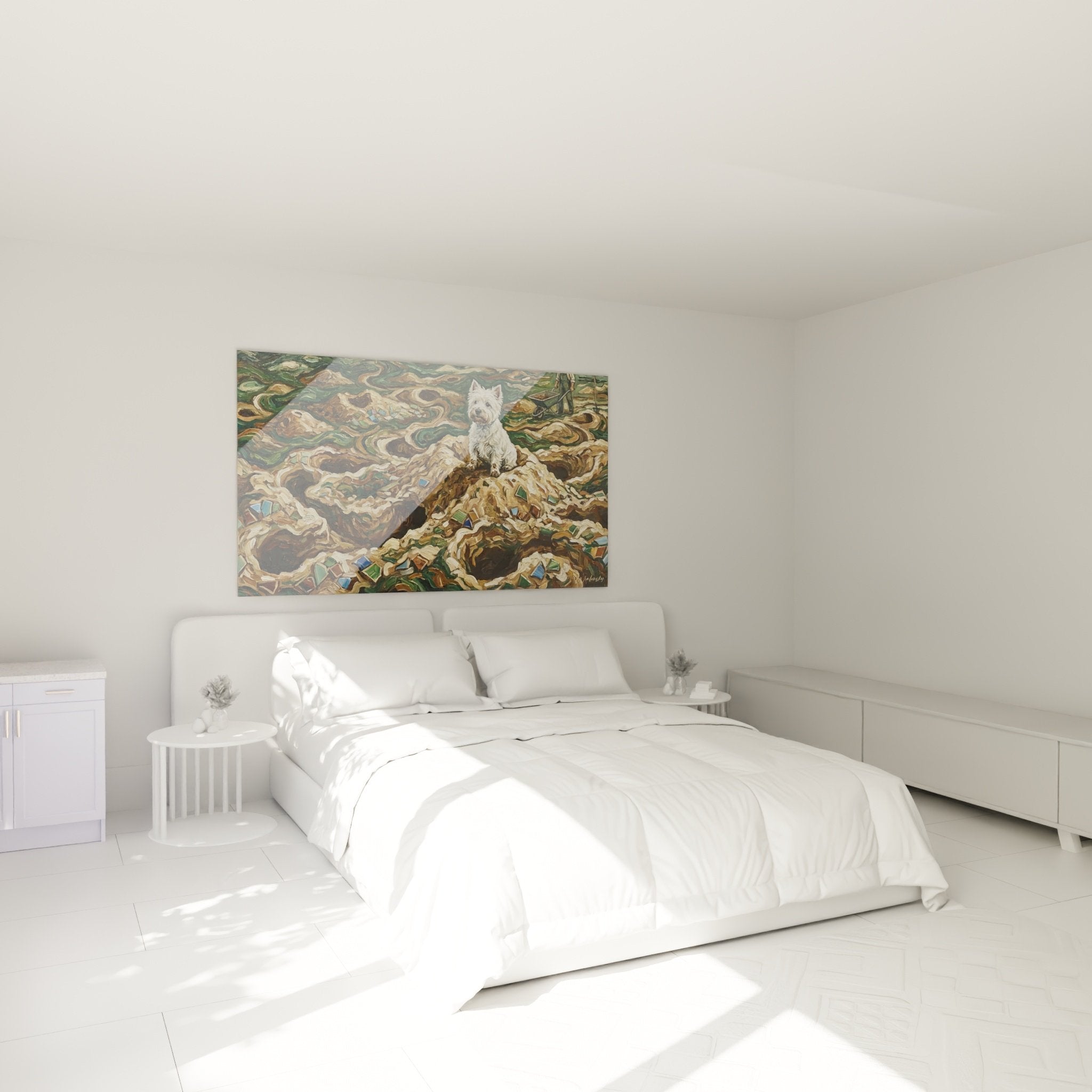 Decoration murale chien blanc sur algues tourbillonnantes dans chambre ambiance naturelle et apaisante