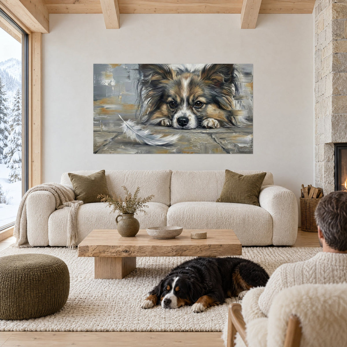 Wall art of a papillon dog with fringed ears, black muzzle and grey feather, brown and grey in thick oil paint, hanging above a sofa in a bright living room