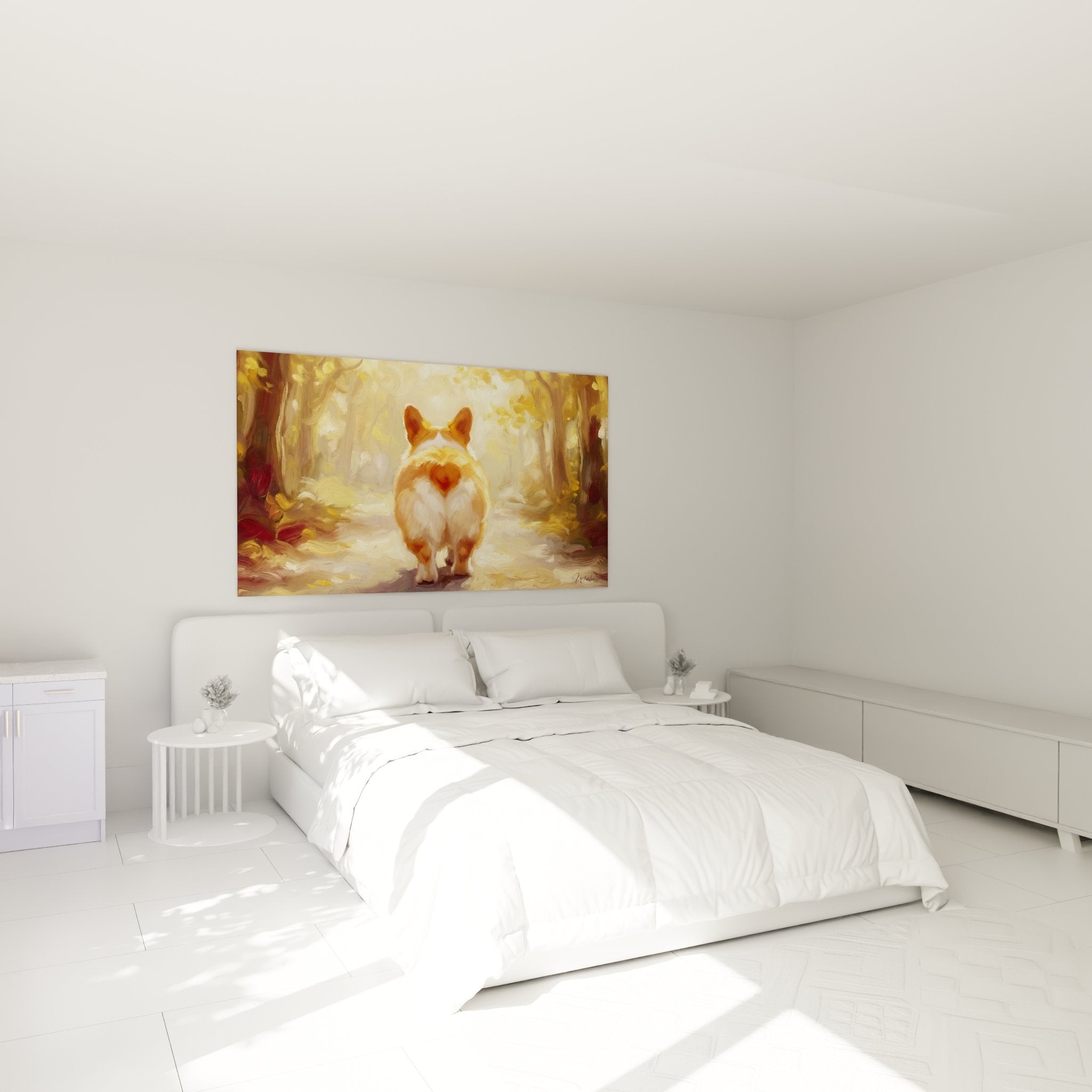 Decoration murale chambre Corgi roux contemplatif ambiance doree chaleureuse apaisante