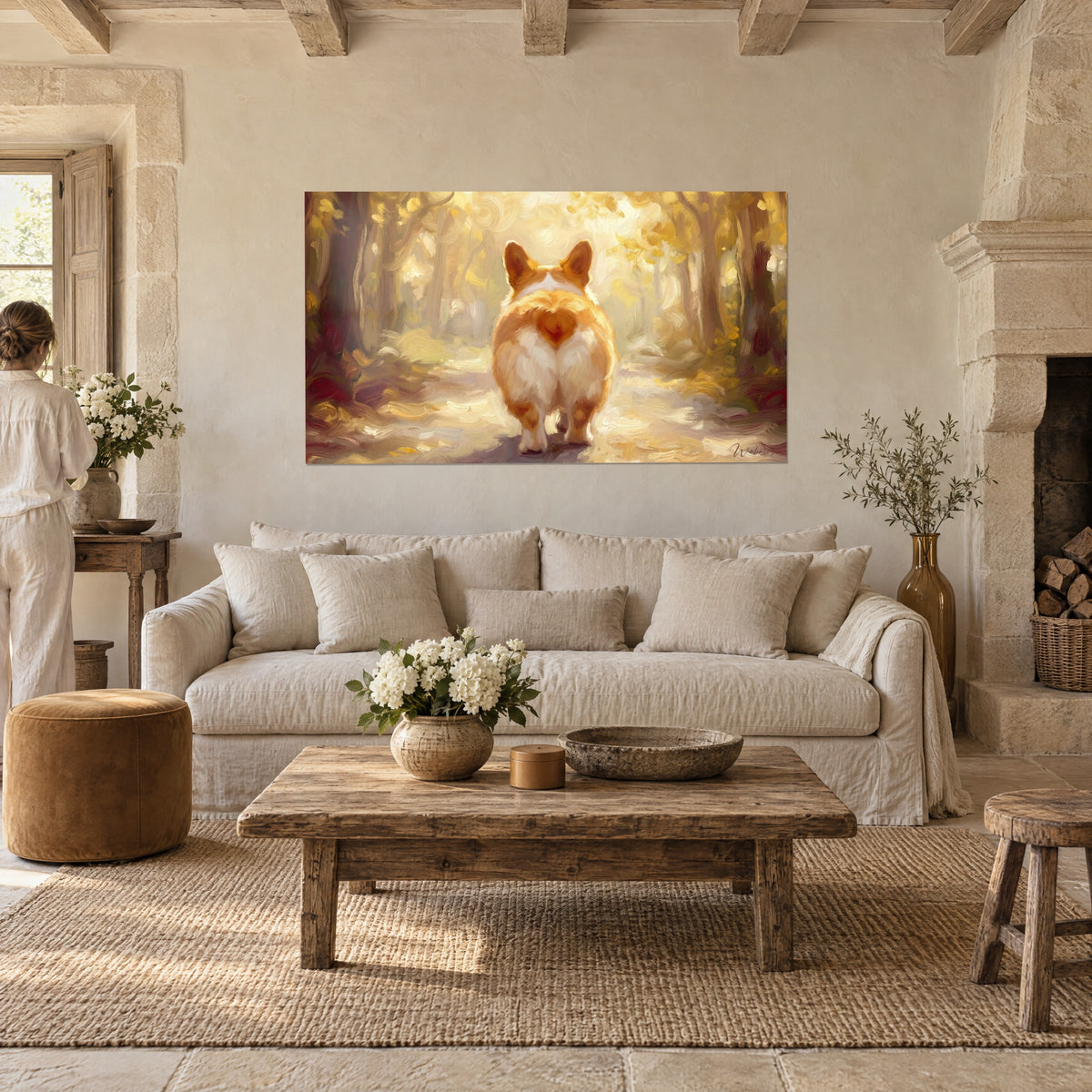 Πίνακας ενός κοκκινομάλλη corgi από πίσω σε μονοπάτι με χρυσαφένια φύλλα, λευκή καρδιά στην ουρά, πάνω από έναν καναπέ σε φωτεινό σαλόνι