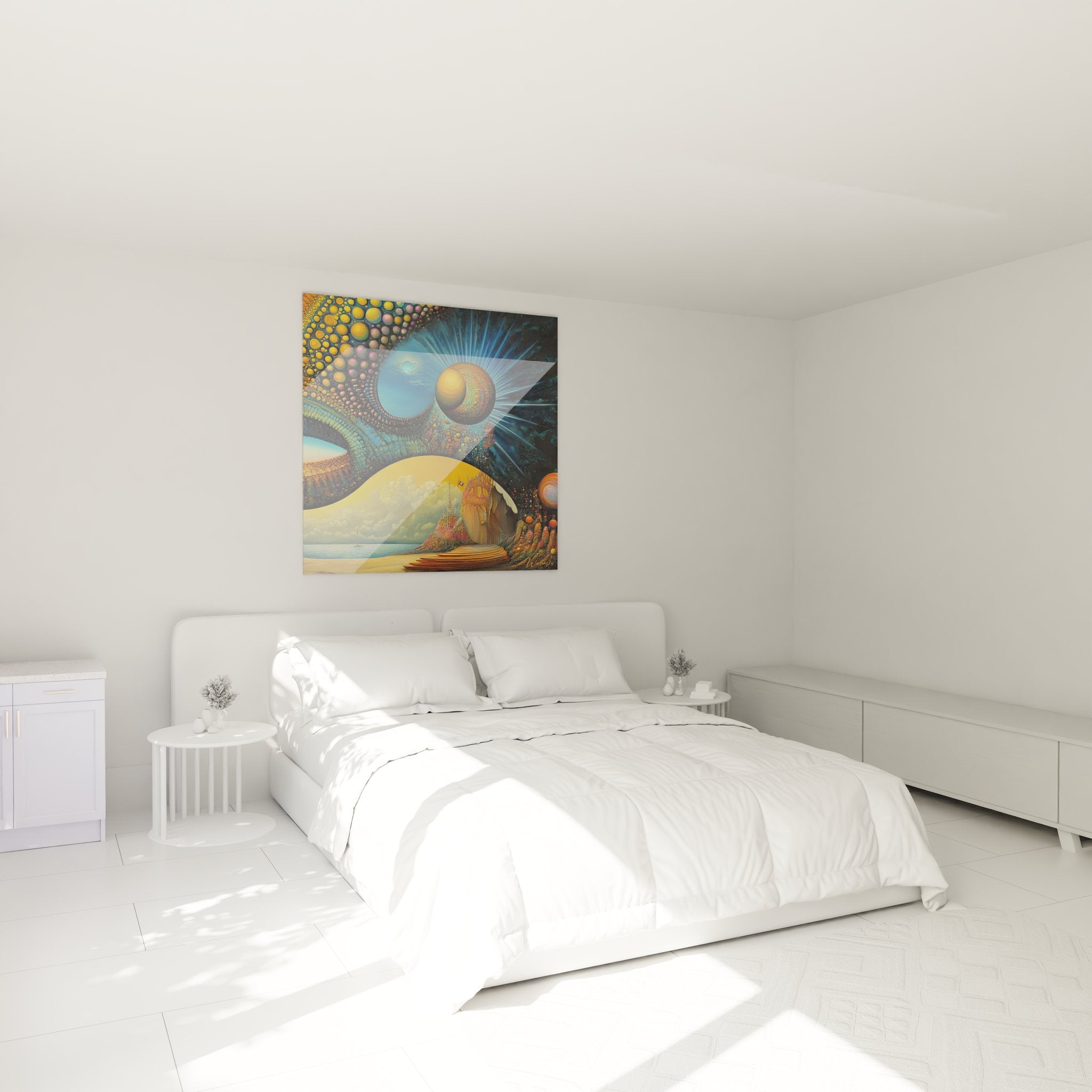 Décoration chambre tableau cosmos surréaliste avec rayons lumineux bleus et orbes dorées