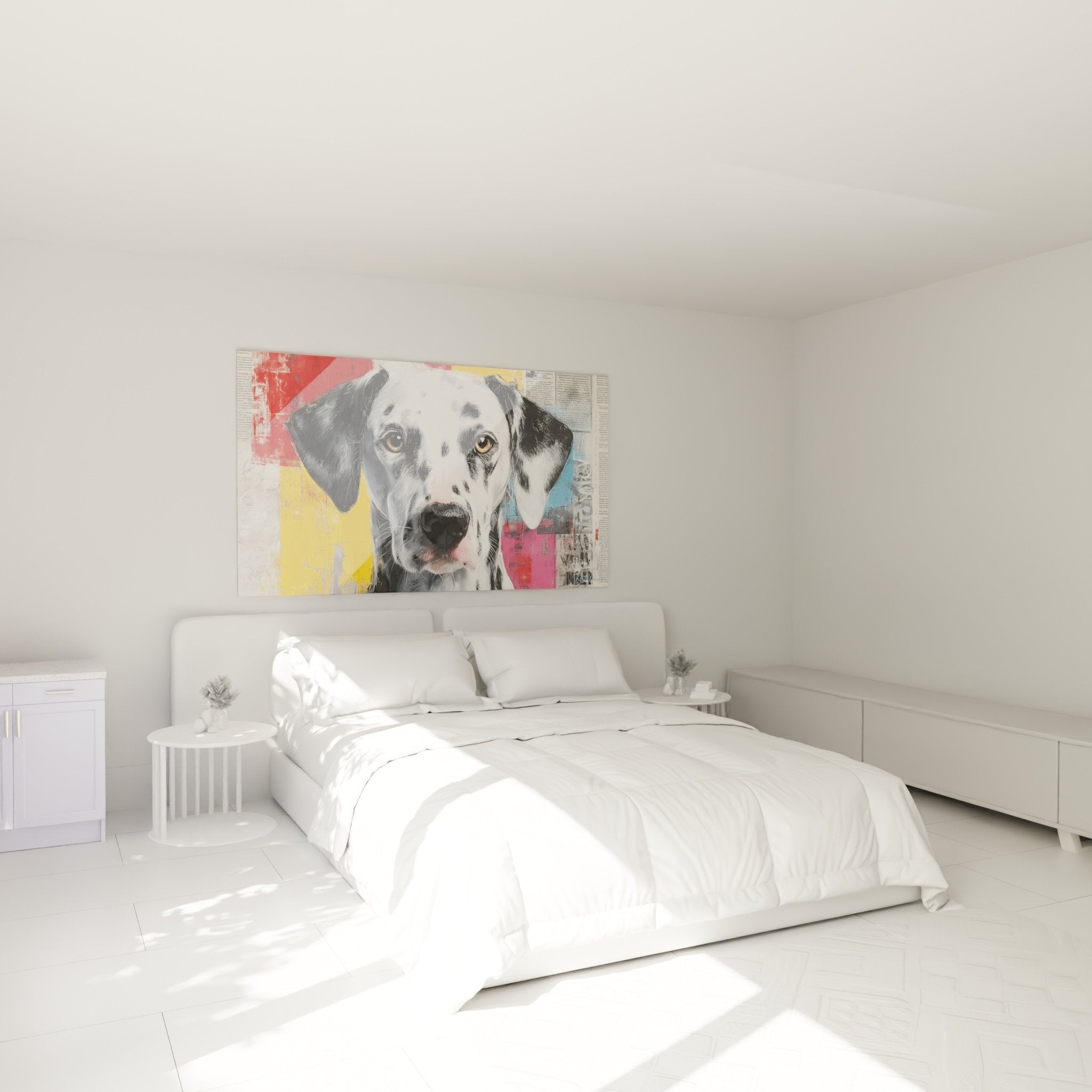 Dalmatiner Gemälde modernes Schlafzimmer weiße Wand Wanddekoration zeitgenössische Kunst gefleckter bunter Hund