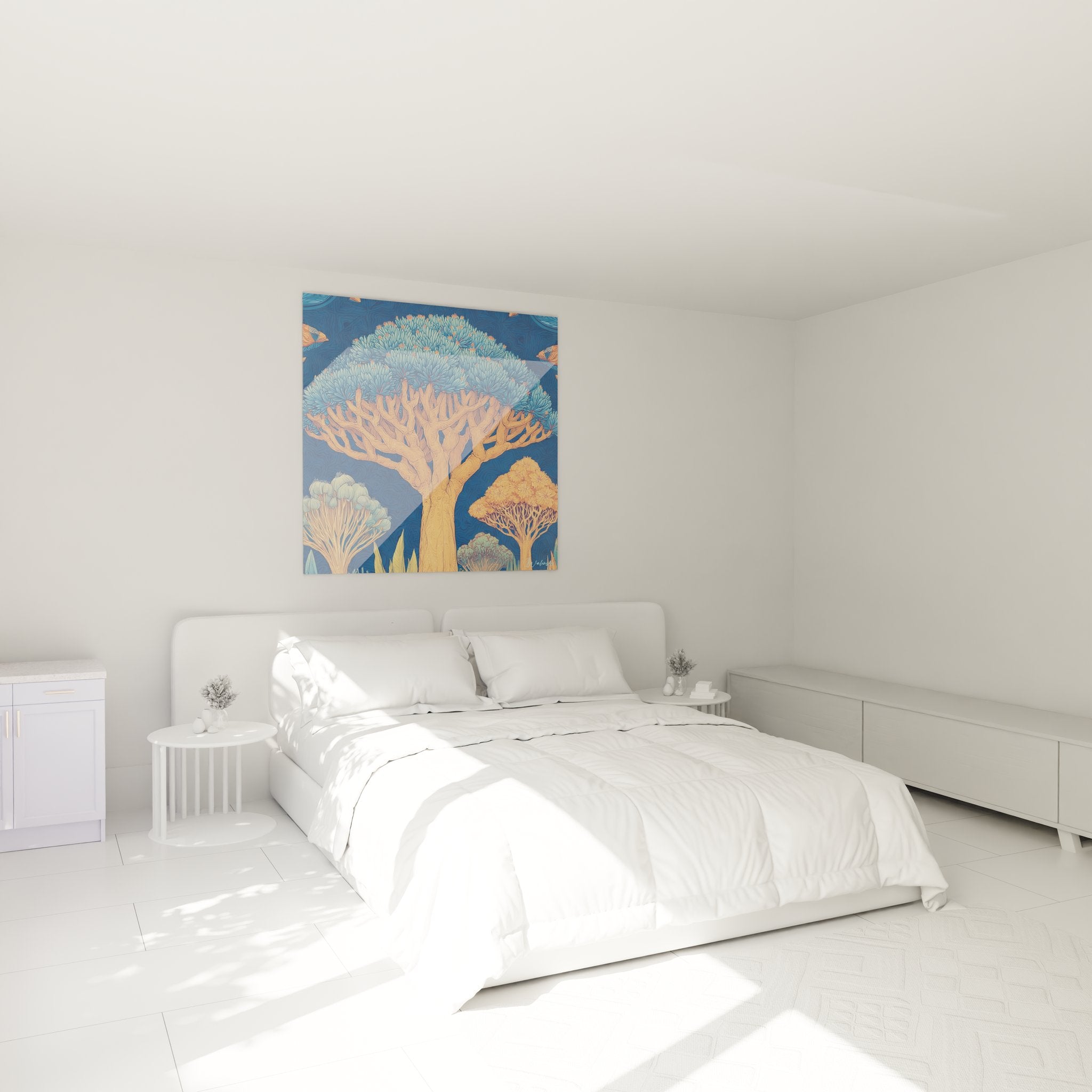 Décoration chambre tableau dragon tree tropical ambiance îles exotiques art mural nature stylisée