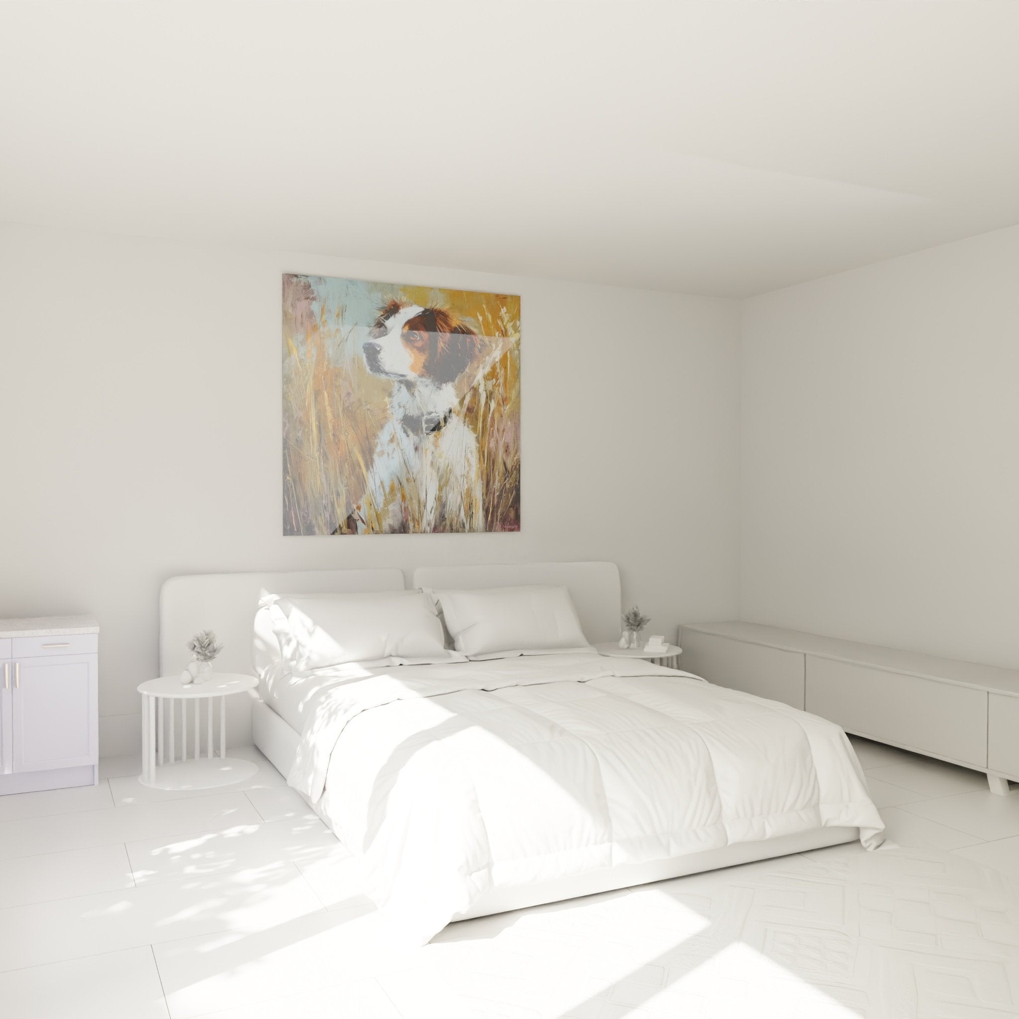 Decorazione murale spaniel bretone camera atmosfera accogliente quadro cane toni dorati erbe alte pittura natura