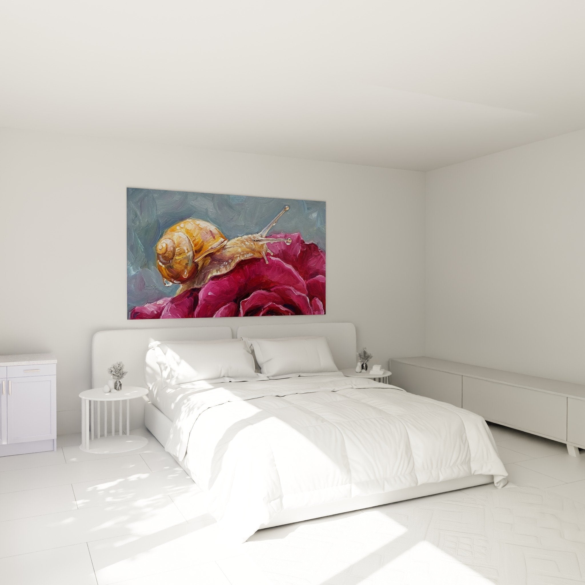 Tableau escargot doré chambre decoration murale tissu magenta art contemporain nature morte