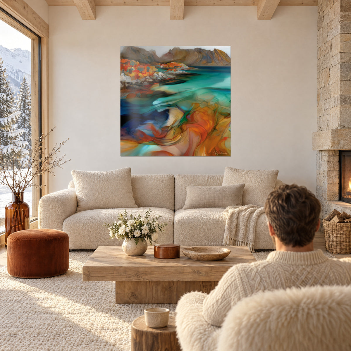 Quadro fiordo turchese bordato di case arancioni, rocce bianche e montagne ocra, sopra un divano in un soggiorno luminoso
