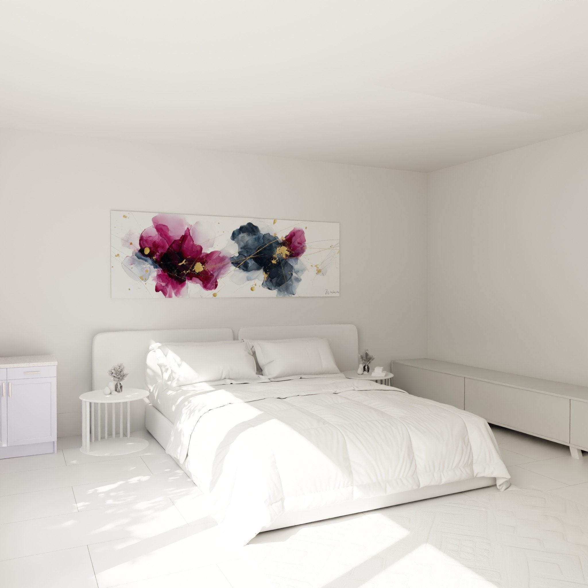 Tableau floral violet bleu chambre decoration murale aquarelle feng shui sud-est bois
