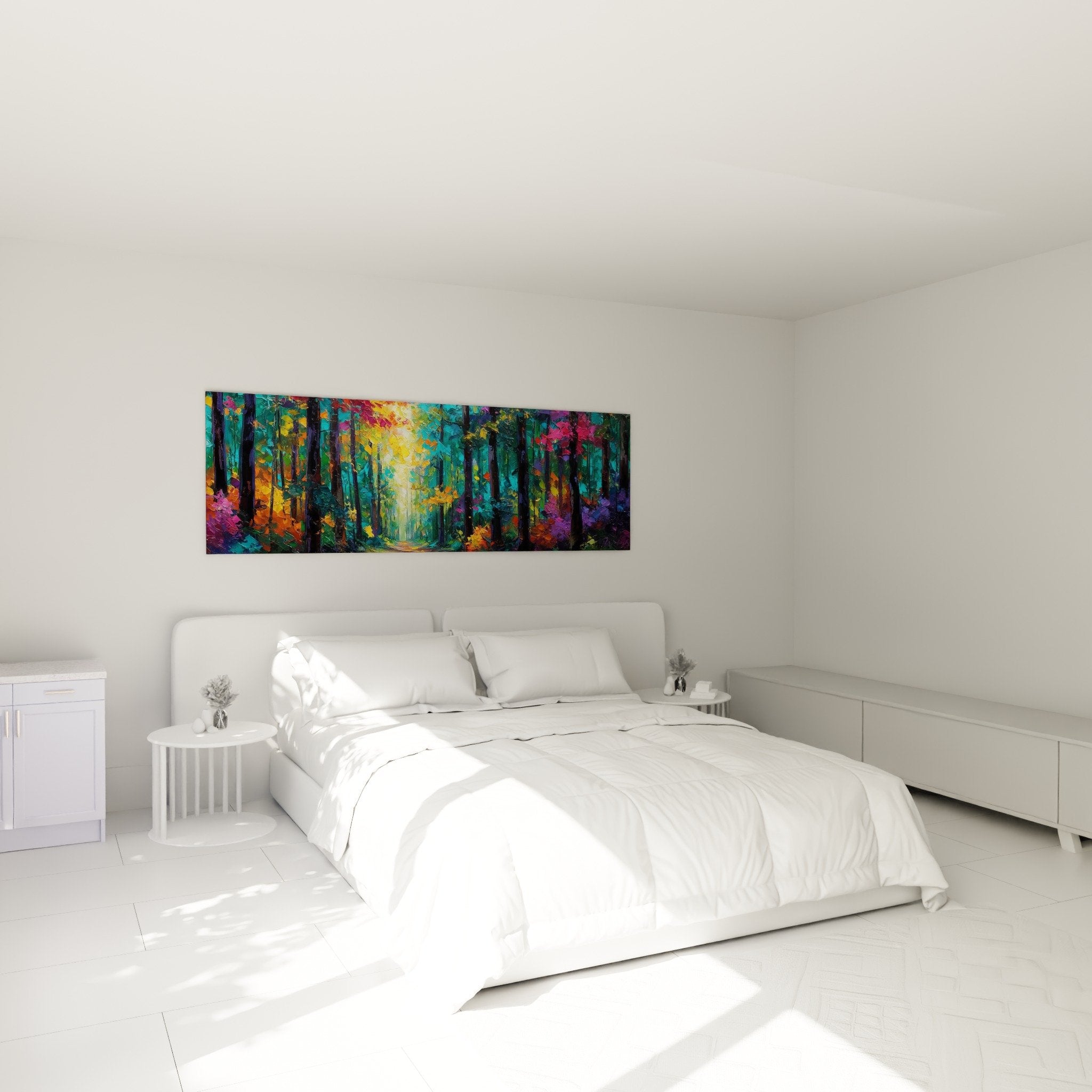Decoration murale chambre foret coloree sentier magique couleurs eclatantes ambiance feerique