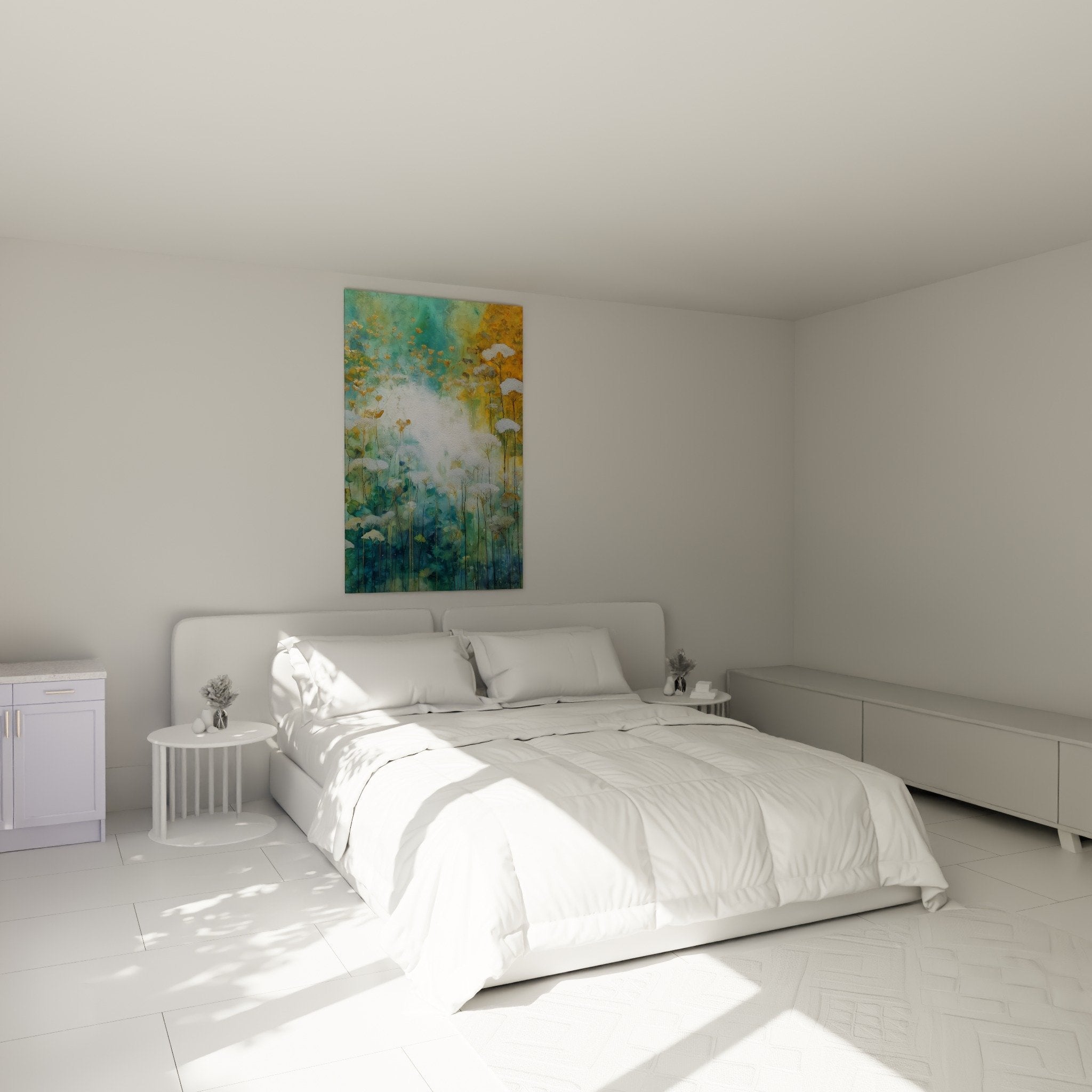Bedroom wall art graminés watercolor turquoise gold tones calming nature ambiance