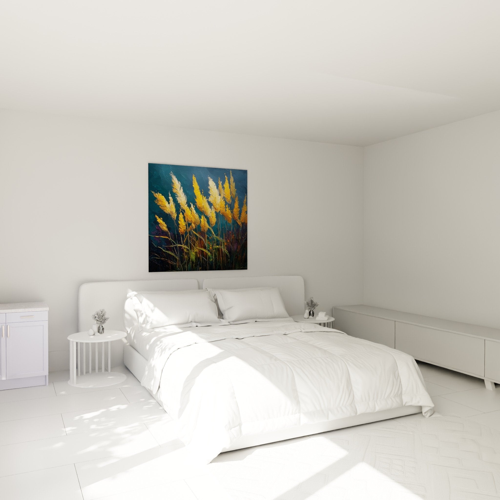 Schlafzimmer Dekoration Gräser Kunstdruck goldene Töne weiße Wand natürliche gemütliche moderne Atmosphäre
