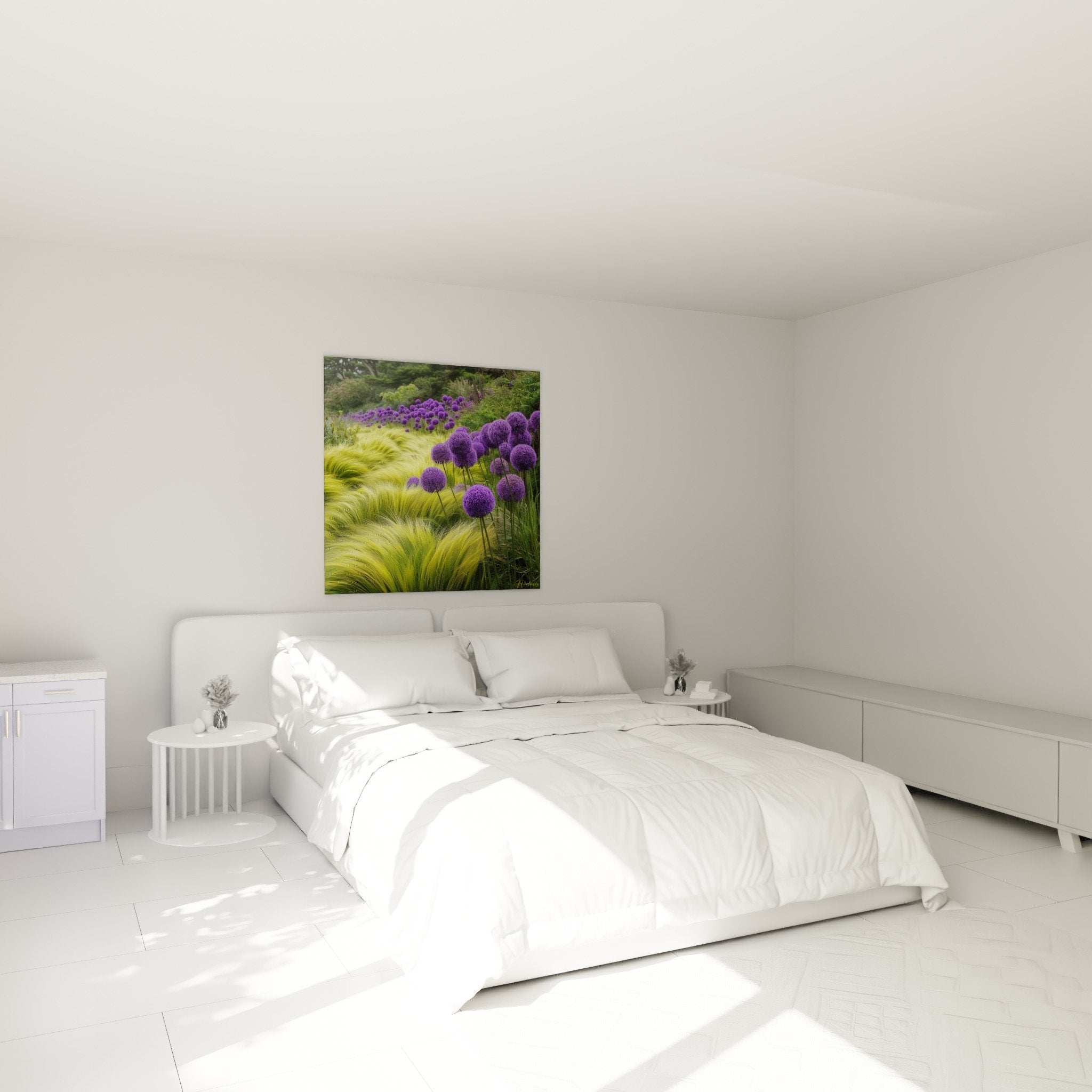 Décoration chambre avec tableau graminées dorées et fleurs violettes, ambiance naturelle apaisante