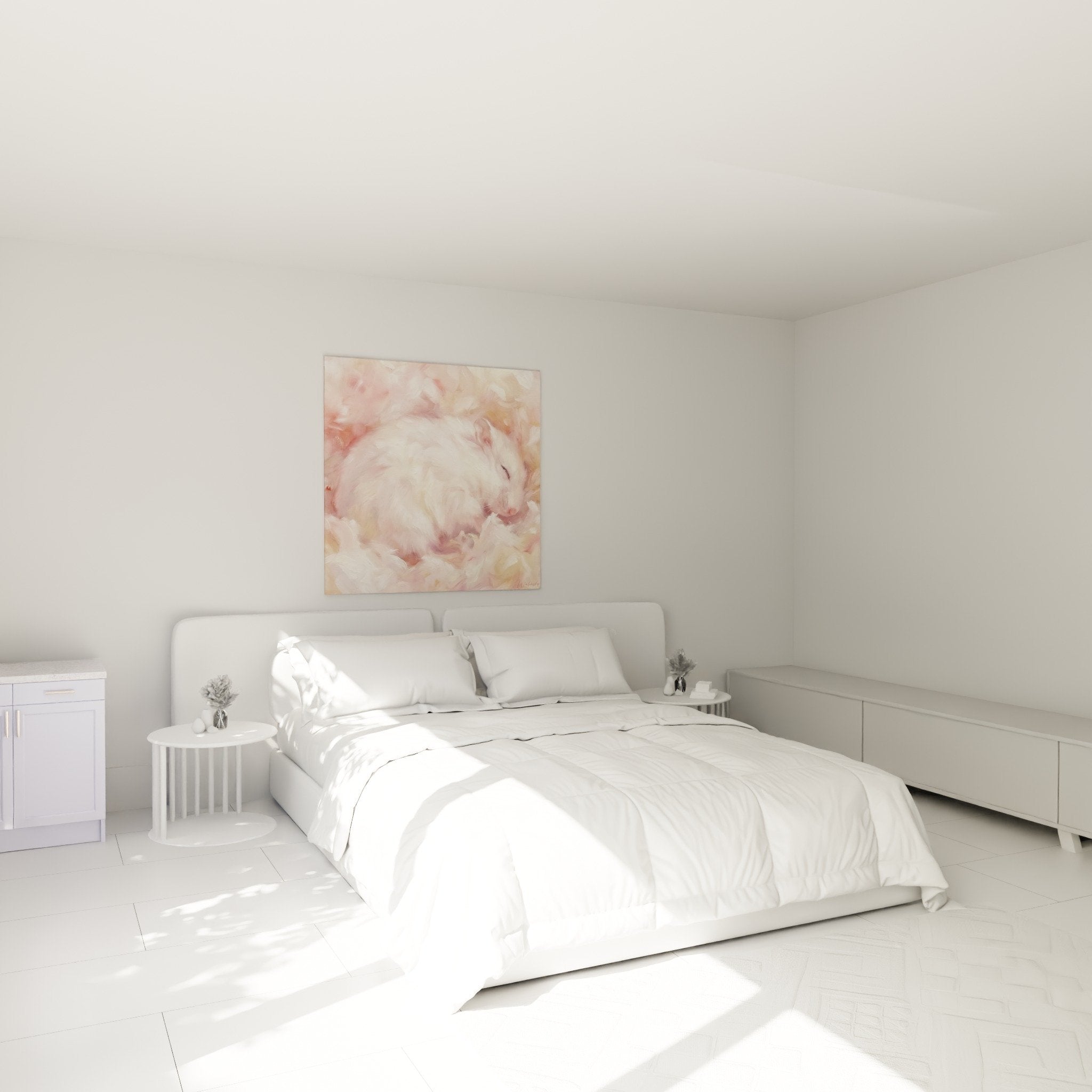 Hamster-Kunstdruck Schlafzimmer Wanddeko zartes Rosa weiße Wand Gemütlichkeit