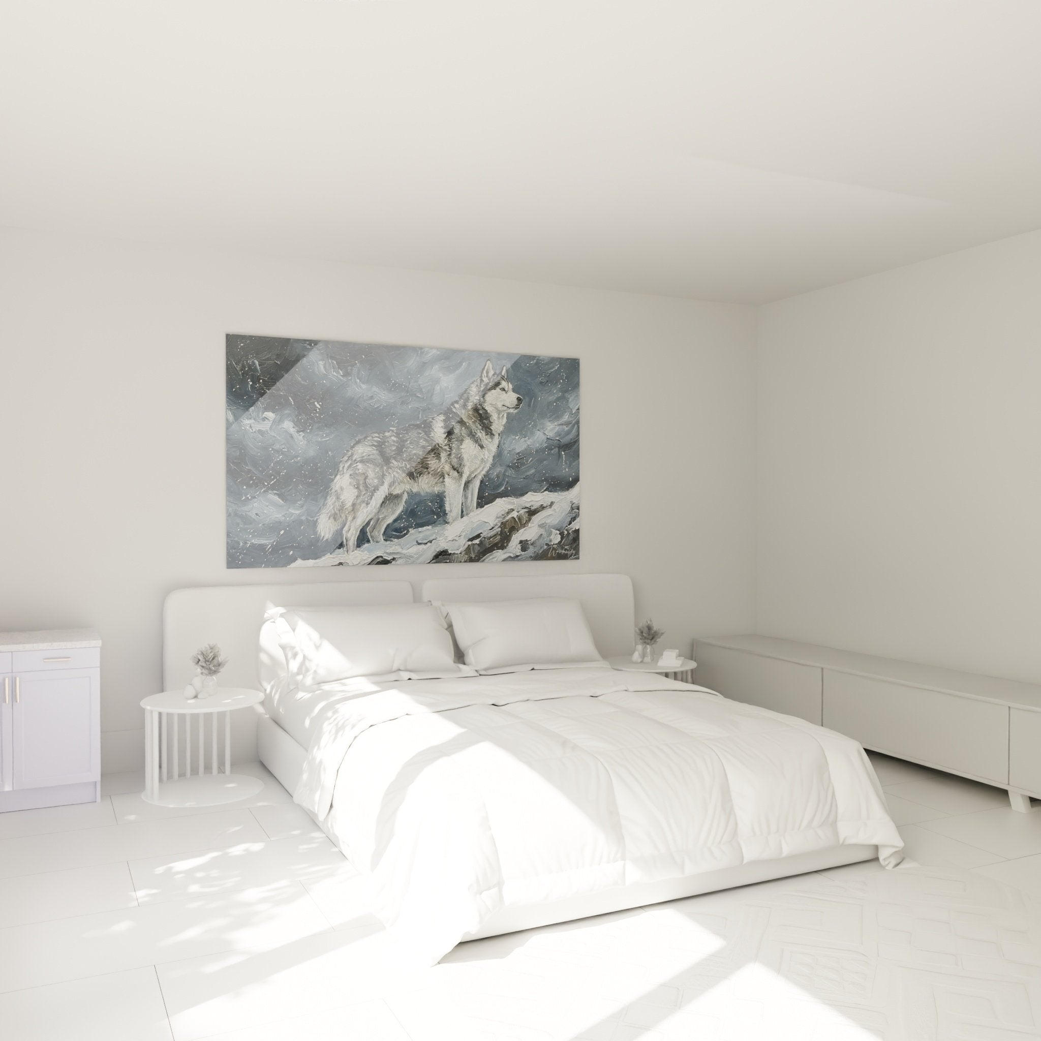 Decoration chambre tableau husky gris tempete neige ambiance nordique apaisante