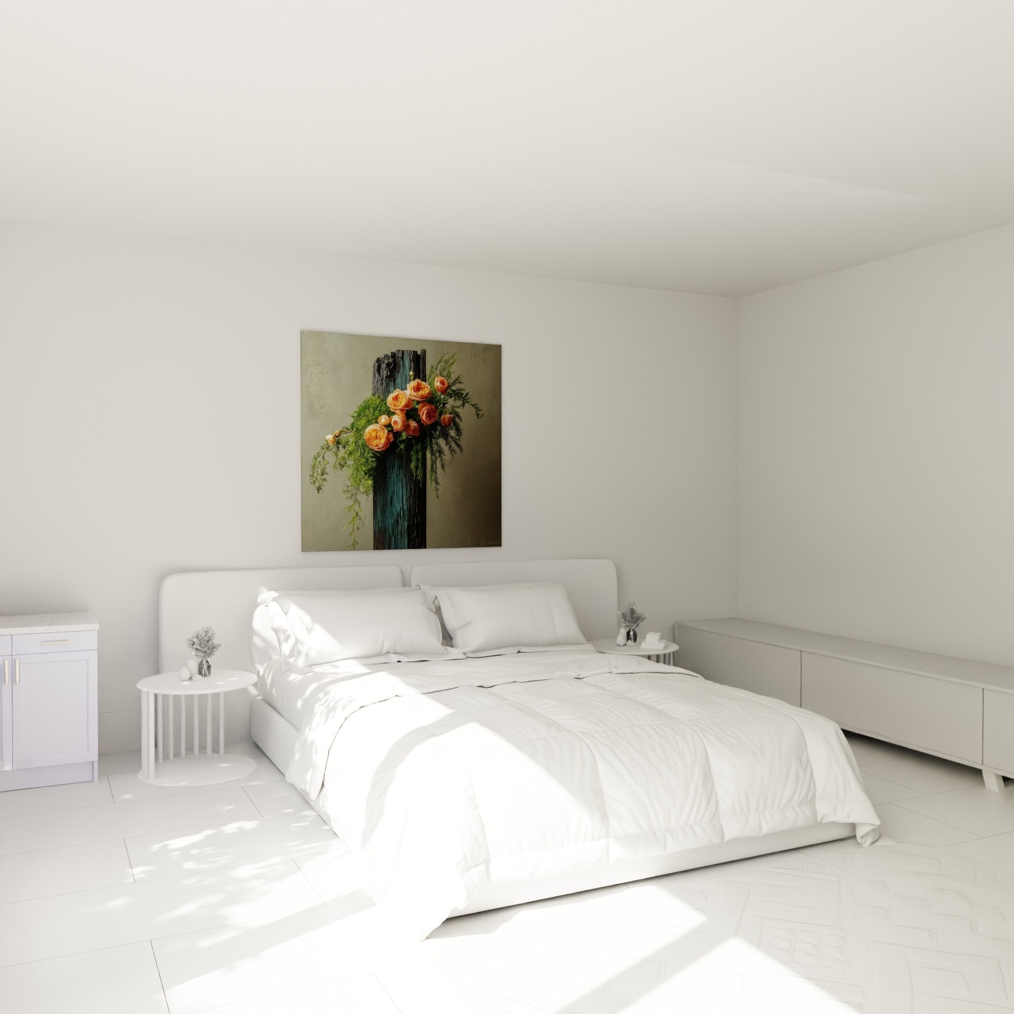 Tableau floral Ikebana roses orange chambre decoration murale zen japonaise bois brule feuillage vert
