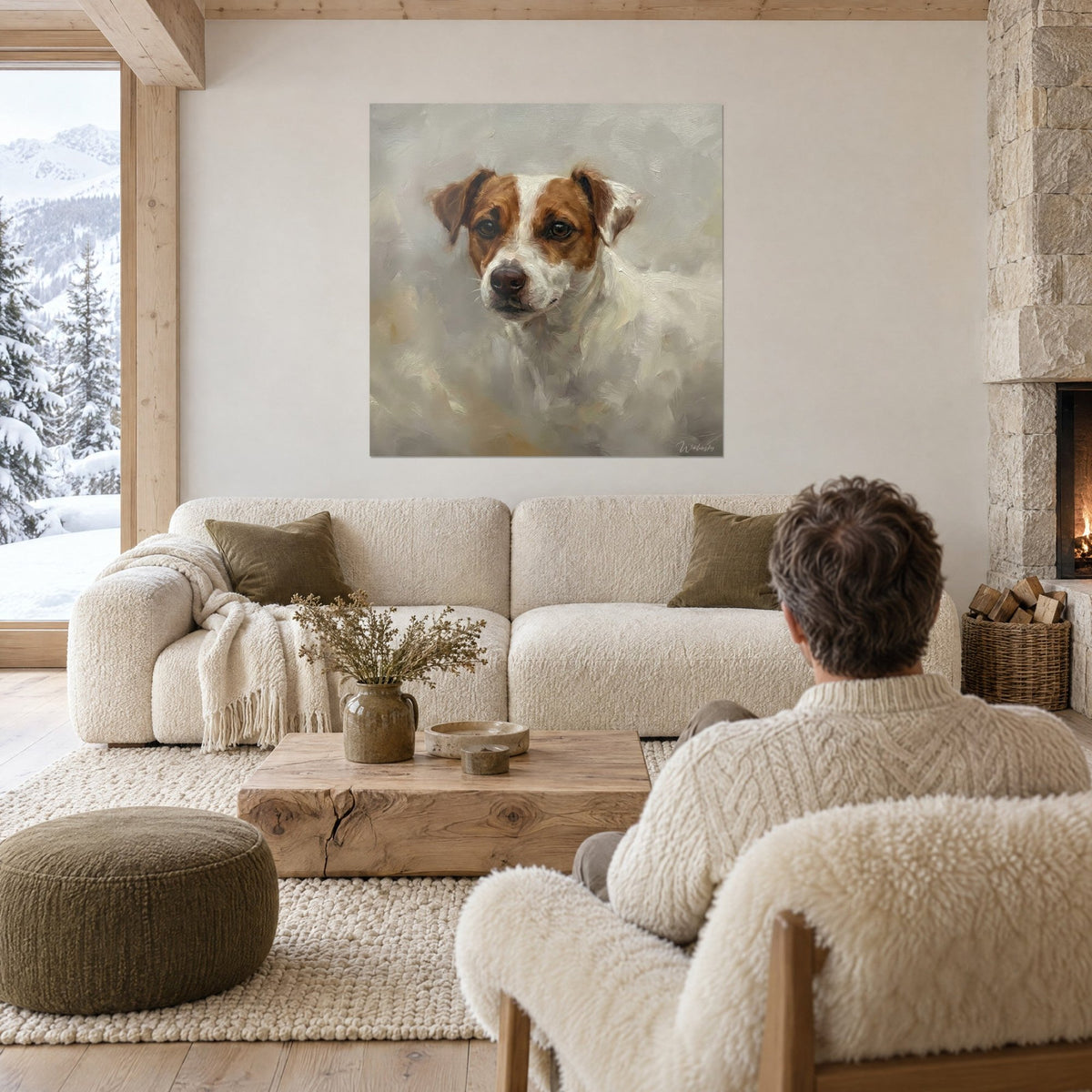 Gemälde Jack Russell mit braun-weißer Schnauze, perlgrauer Hintergrund, über einem Sofa in einem hellen Wohnzimmer