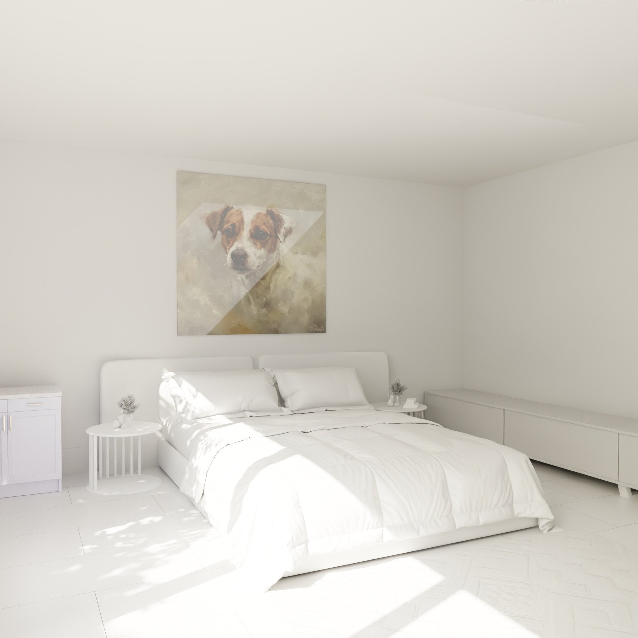 Tableau Jack Russel Terrier portrait chien dans chambre decoration murale tons chauds ambiance cosy